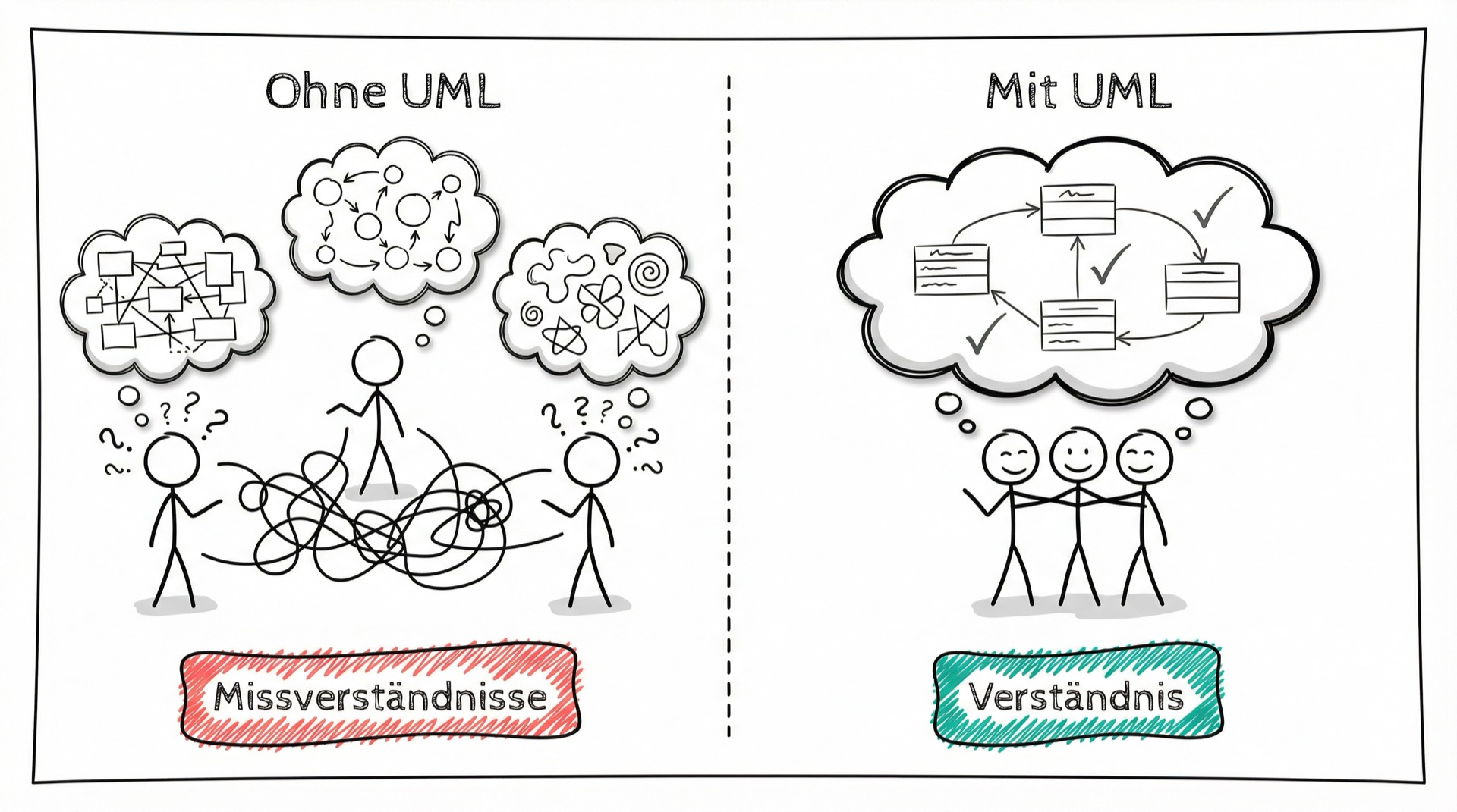 Ohne gemeinsame Sprache entstehen Missverständnisse - mit UML gemeinsames Verständnis