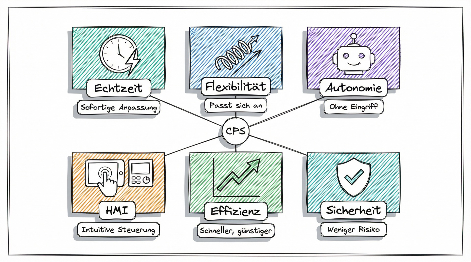 Die 6 Vorteile von CPS: Echtzeit, Flexibilität, Autonomie, HMI, Effizienz, Sicherheit