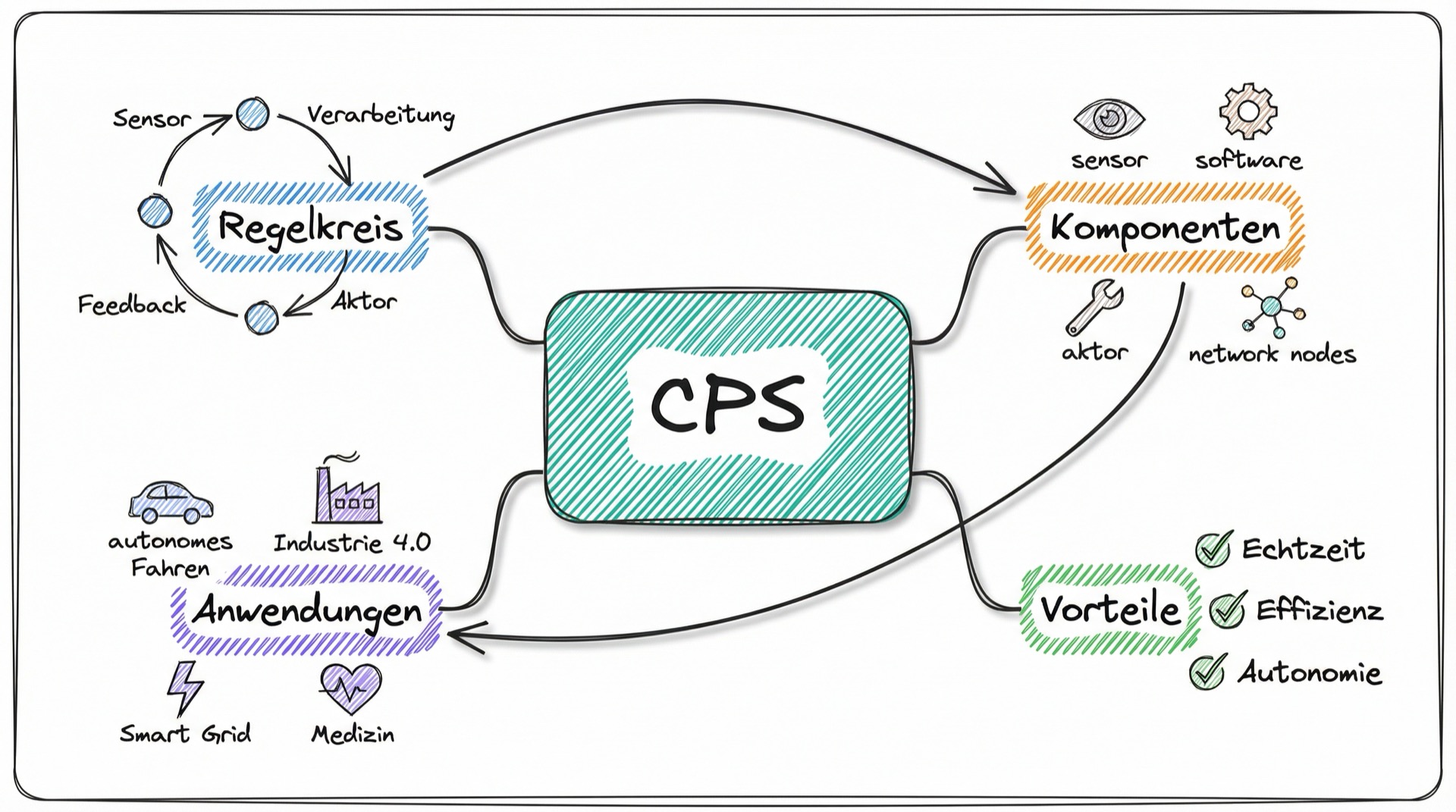 Konzept-Map: Cyber-physische Systeme mit Regelkreis, Komponenten, Anwendungen und Vorteilen