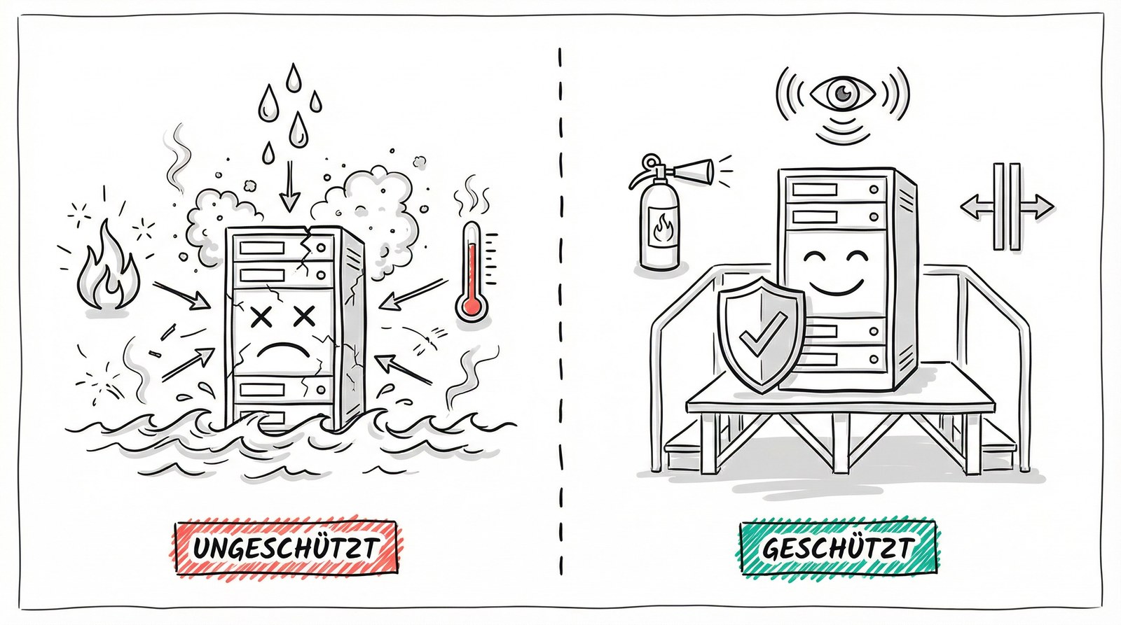 Elementarrisiken: Ungeschützte vs. geschützte IT-Infrastruktur