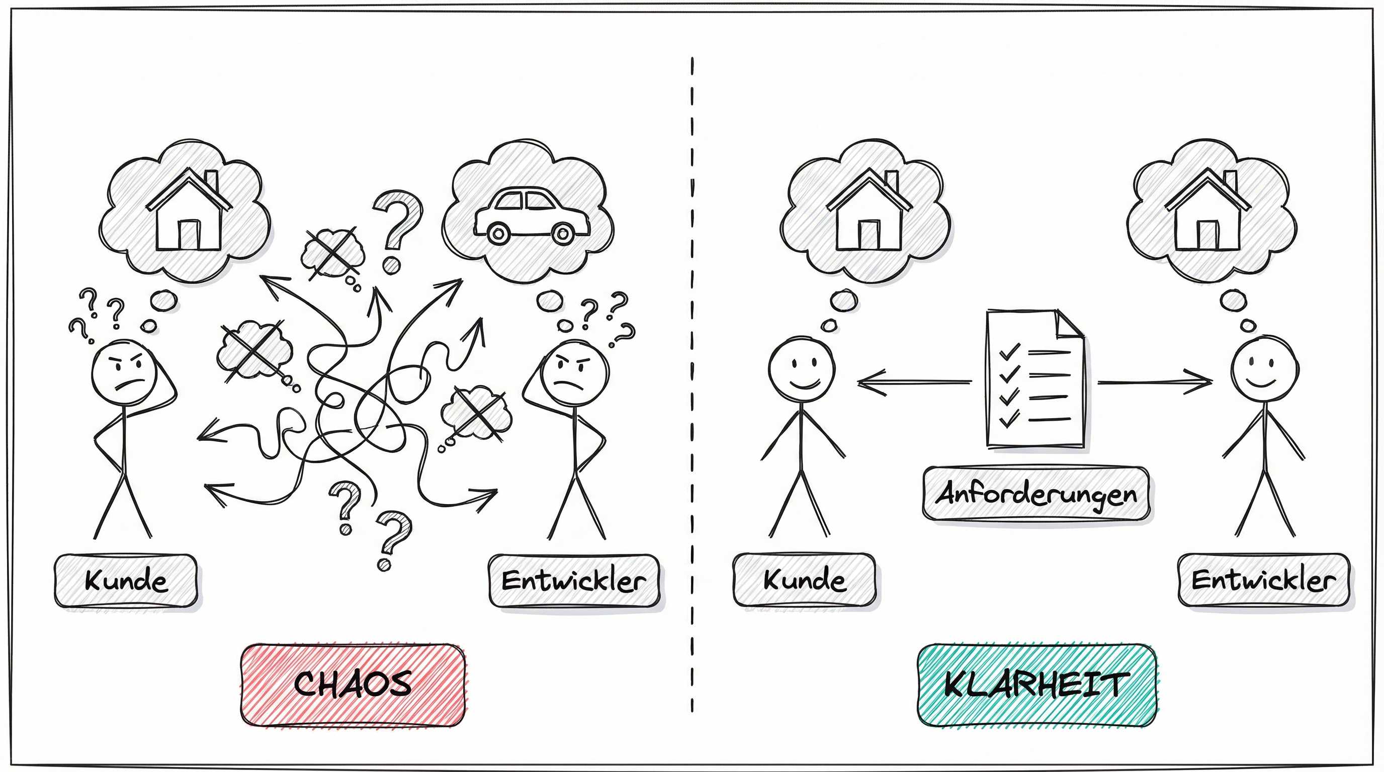 Chaos ohne Anforderungsanalyse vs. Klarheit mit dokumentierten Anforderungen