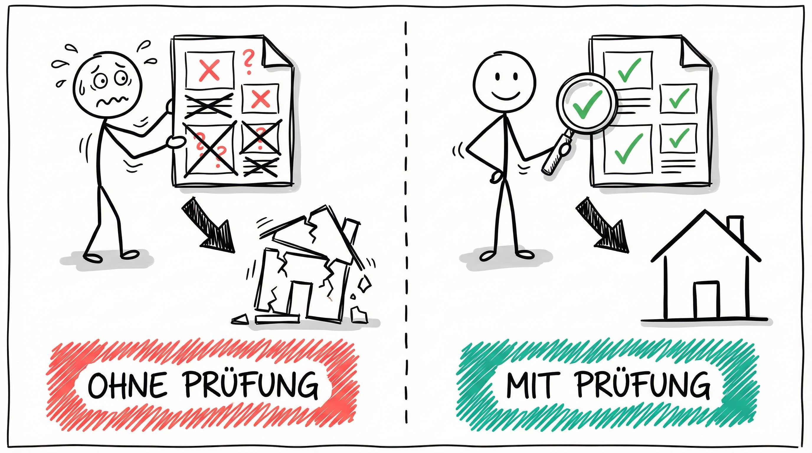 Ohne Prüfung vs. Mit Prüfung - Bauplan-Metapher für Qualitätssicherung