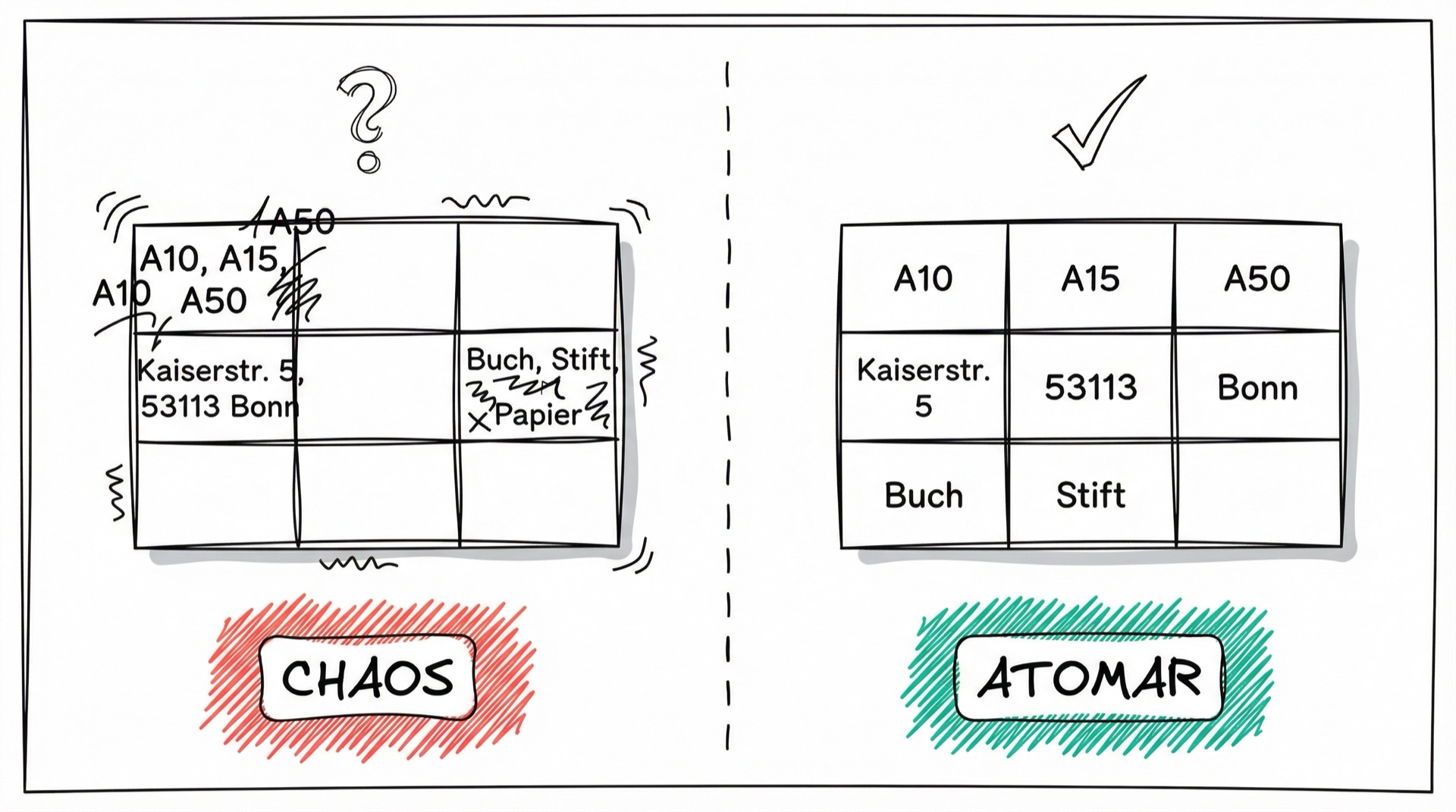 Chaos vs. Atomar: Überladene Zellen mit mehreren Werten versus saubere Zellen mit je einem Wert