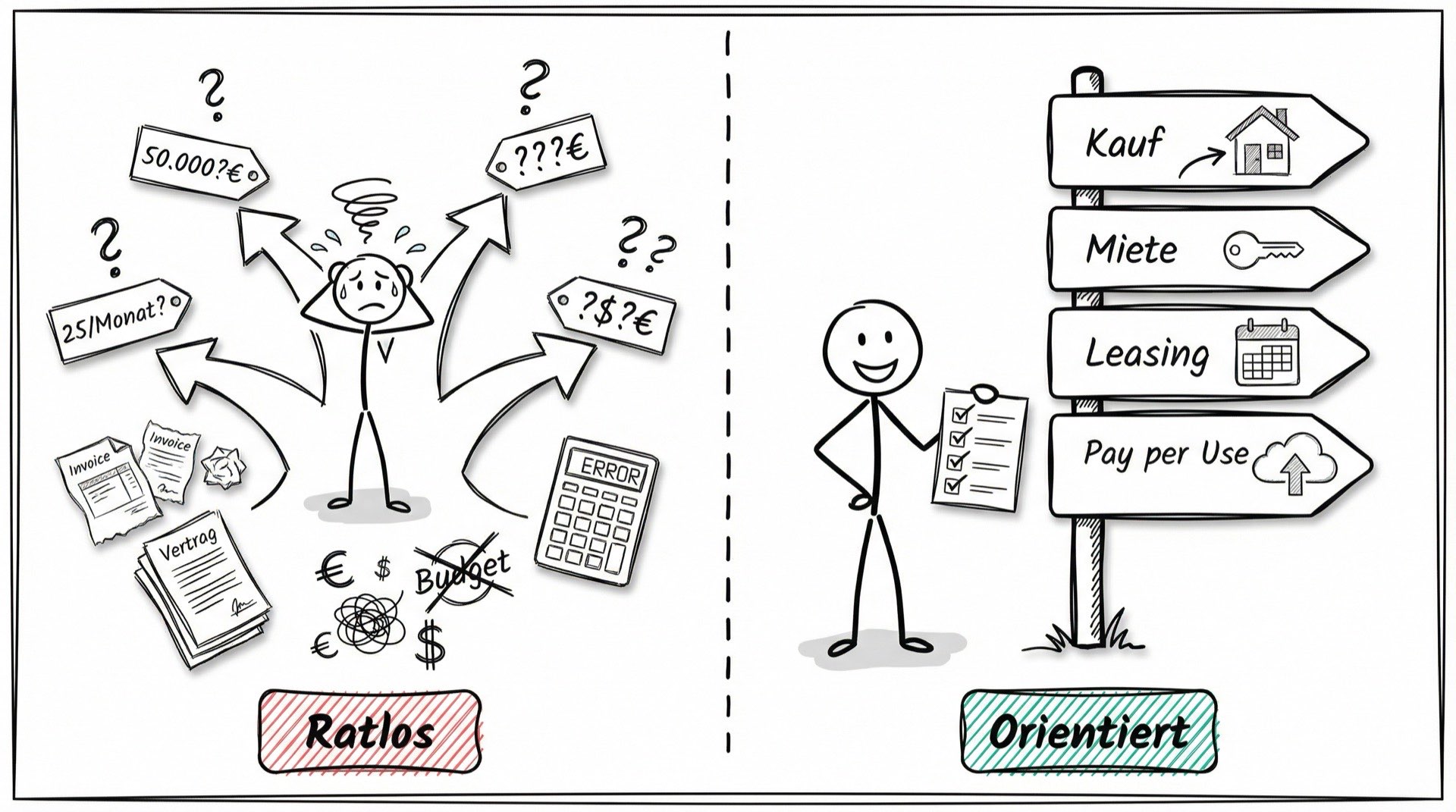 Finanzierungsmodelle: Links ratlose Person vor verwirrenden Optionen, rechts orientierte Person mit klarem Wegweiser zu Kauf, Miete, Leasing und Pay per Use
