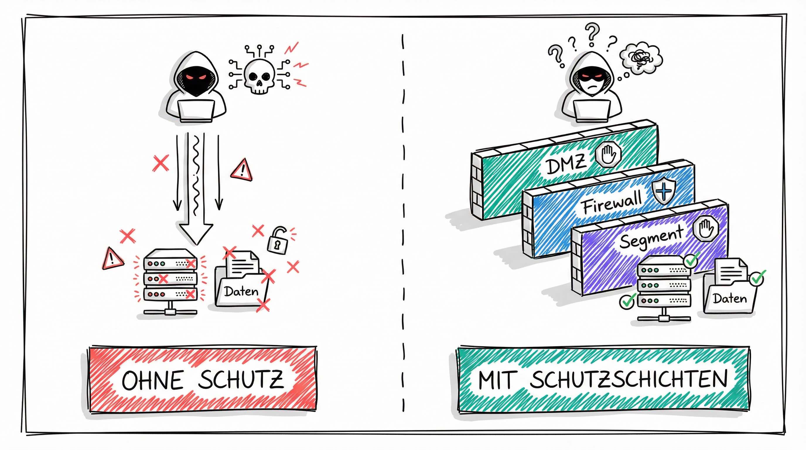 Netzwerk ohne Schutz vs. mit mehrschichtiger Verteidigung durch DMZ, Firewall und Segmentierung
