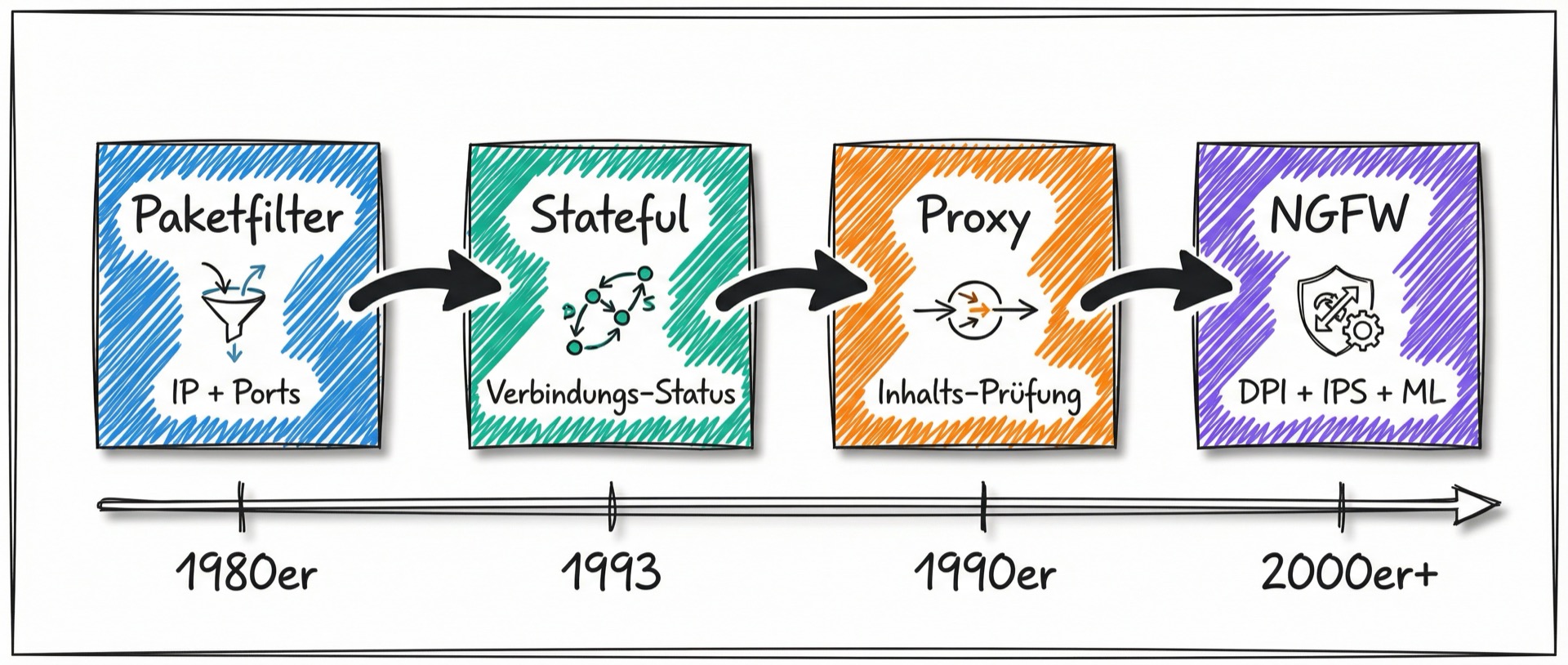 Zeitleiste der Firewall-Entwicklung: Von Paketfiltern in den 1980ern über Stateful Inspection und Proxy-Firewalls bis zu NGFWs