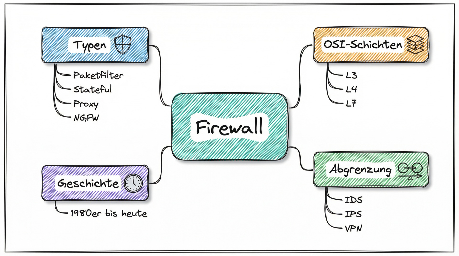 Mind-Map der Firewall-Grundlagen: Typen, OSI-Schichten, Geschichte und Abgrenzung zu IDS, IPS, VPN