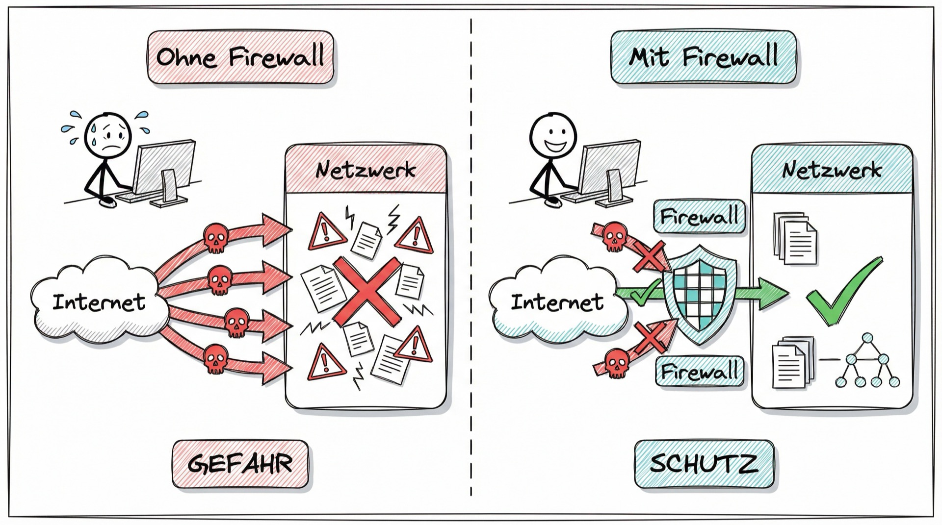 Firewall als Schutzschild: Ohne Firewall strömen Angriffe ins Netzwerk, mit Firewall werden sie blockiert