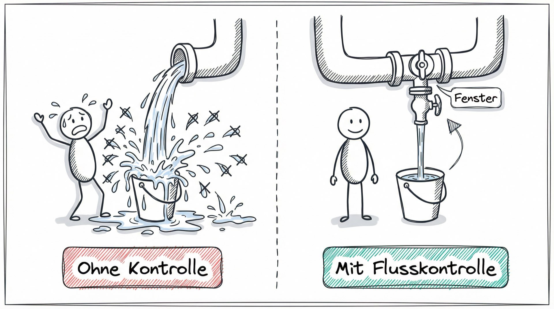 Ohne Kontrolle vs. Mit Flusskontrolle - Wasserrohr-Metapher