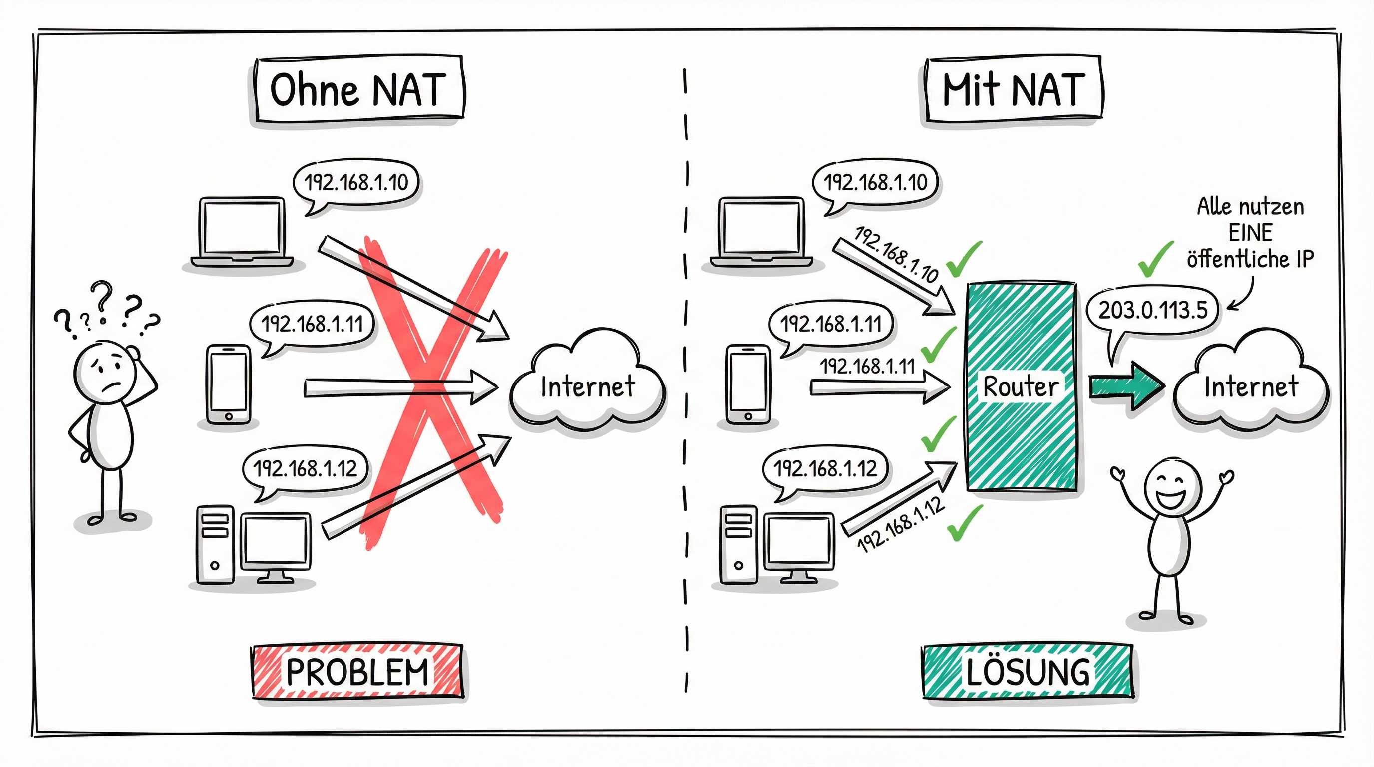 NAT-Konzept: Problem ohne NAT vs. Lösung mit NAT