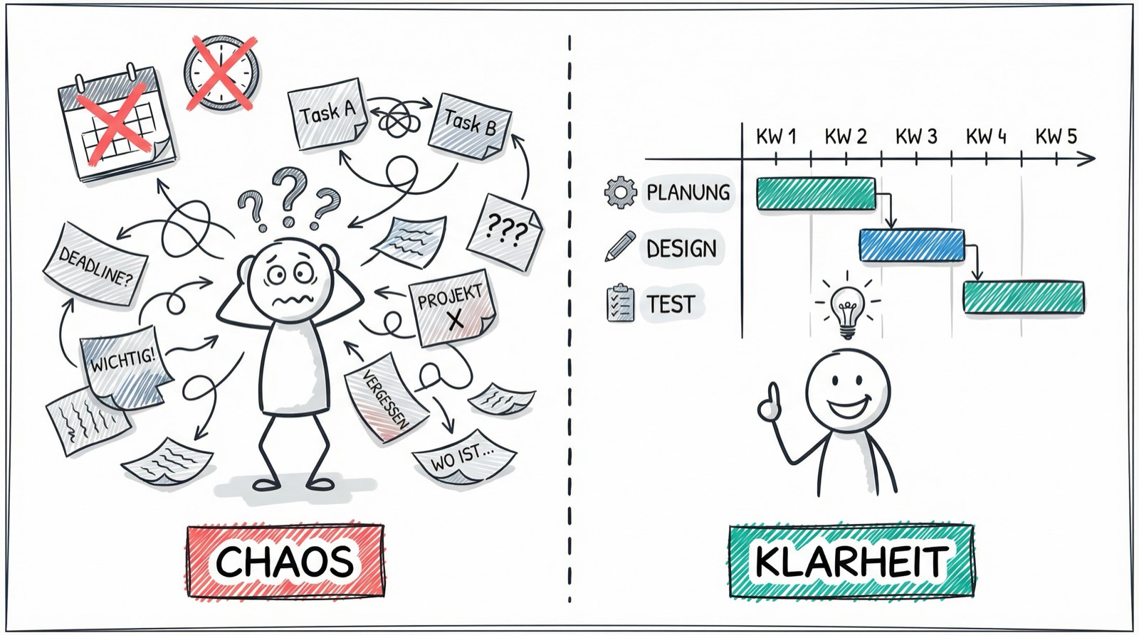 Chaos ohne Planung vs. Klarheit mit Gantt-Diagramm