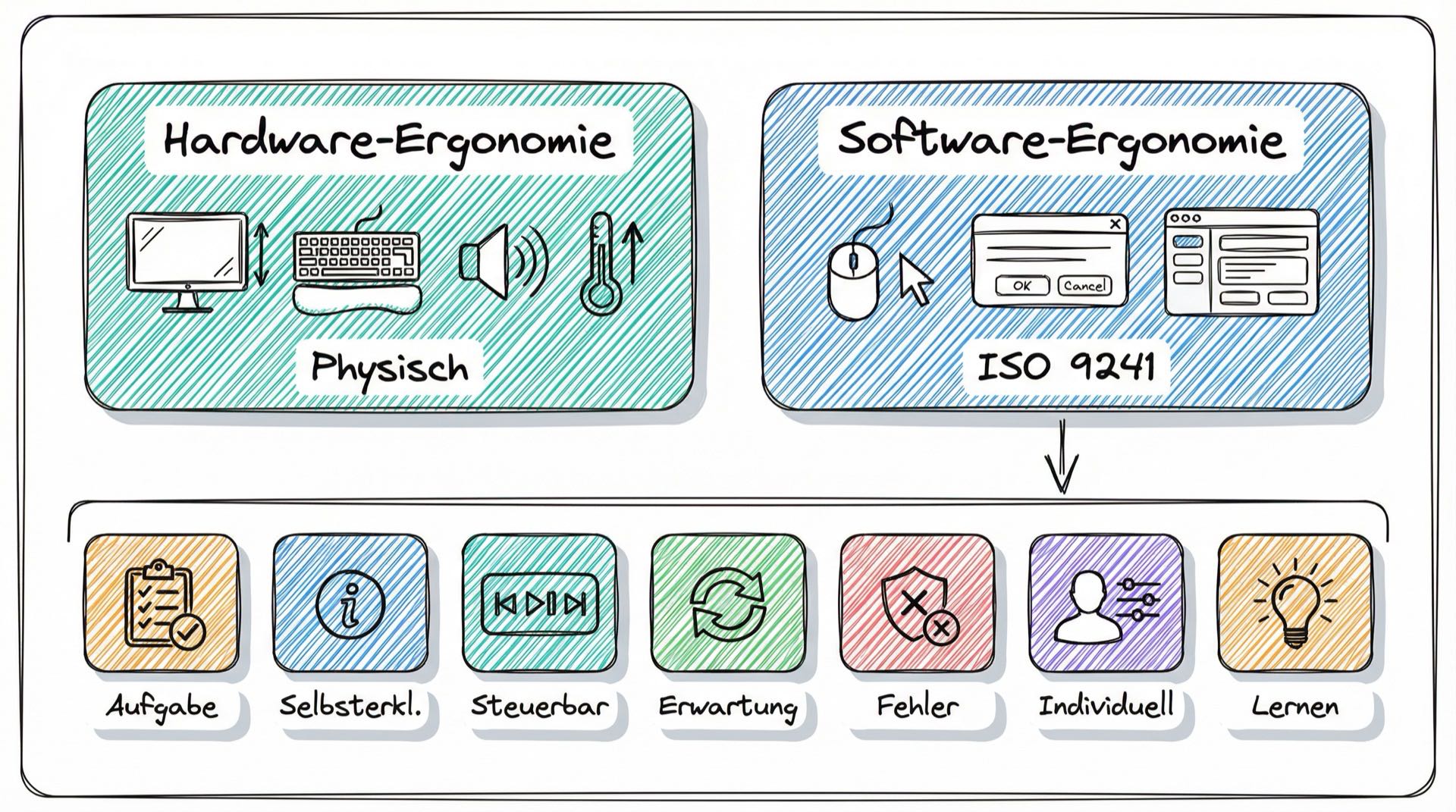Übersicht: Hardware- und Software-Ergonomie mit den 7 Dialogprinzipien nach ISO 9241