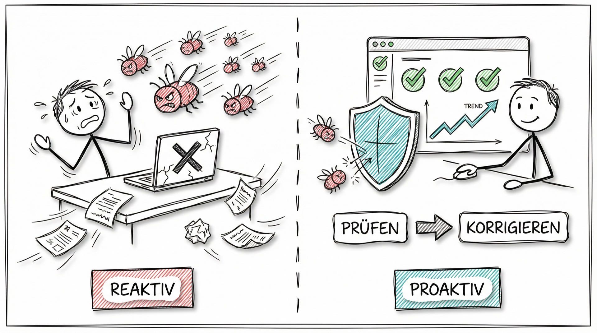 Vergleich reaktiver und proaktiver Qualitätslenkung: Links kämpft ein Entwickler mit Bugs die vom Kunden kommen, rechts verhindert ein Schild mit Monitoring die Probleme frühzeitig