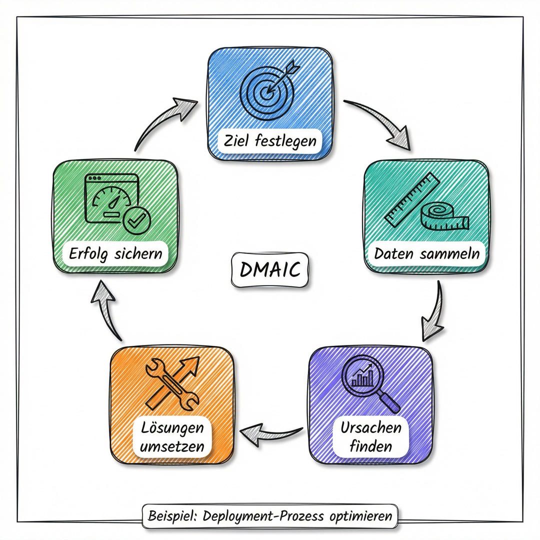 Der DMAIC-Zyklus von Six Sigma: Define (Ziel festlegen), Measure (Daten sammeln), Analyze (Ursachen finden), Improve (Lösungen umsetzen), Control (Erfolg sichern)