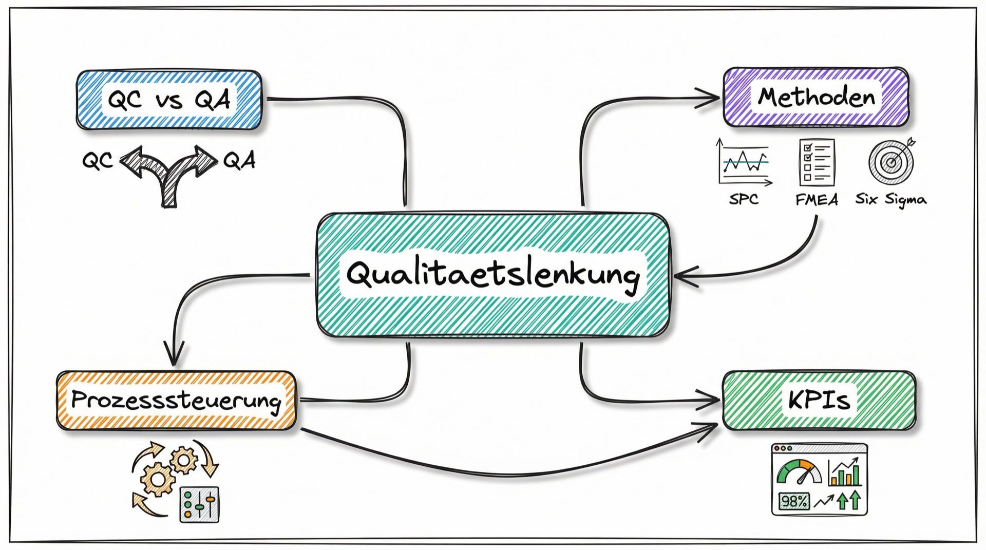 Mind-Map Qualitätslenkung: Zentral Qualitätslenkung verbunden mit QC vs QA, Methoden (SPC, FMEA, Six Sigma), Prozesssteuerung und KPIs