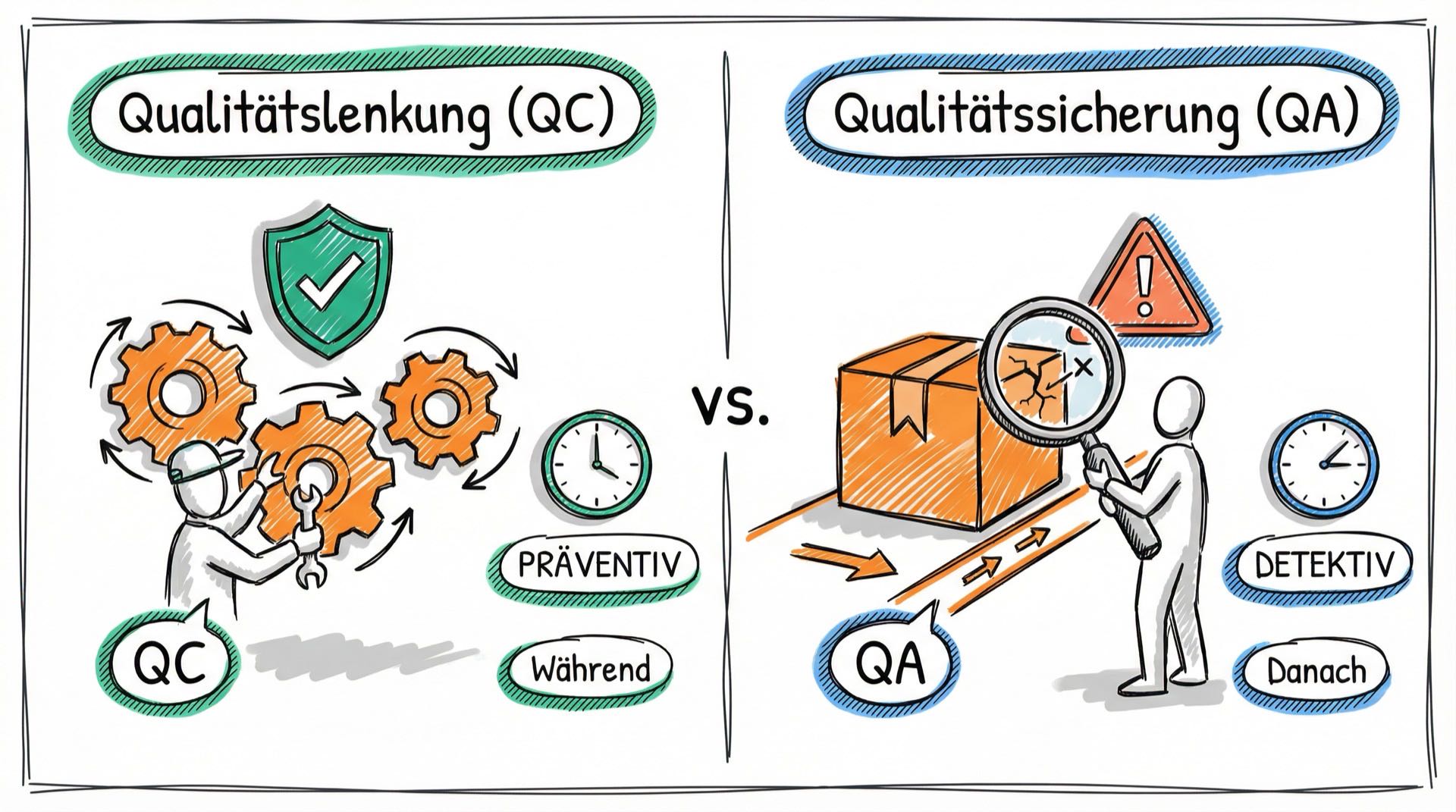 Vergleich Qualitätslenkung (QC) und Qualitätssicherung (QA): Links präventive Prozesssteuerung während der Ausführung, rechts detektive Prüfung nach Abschluss