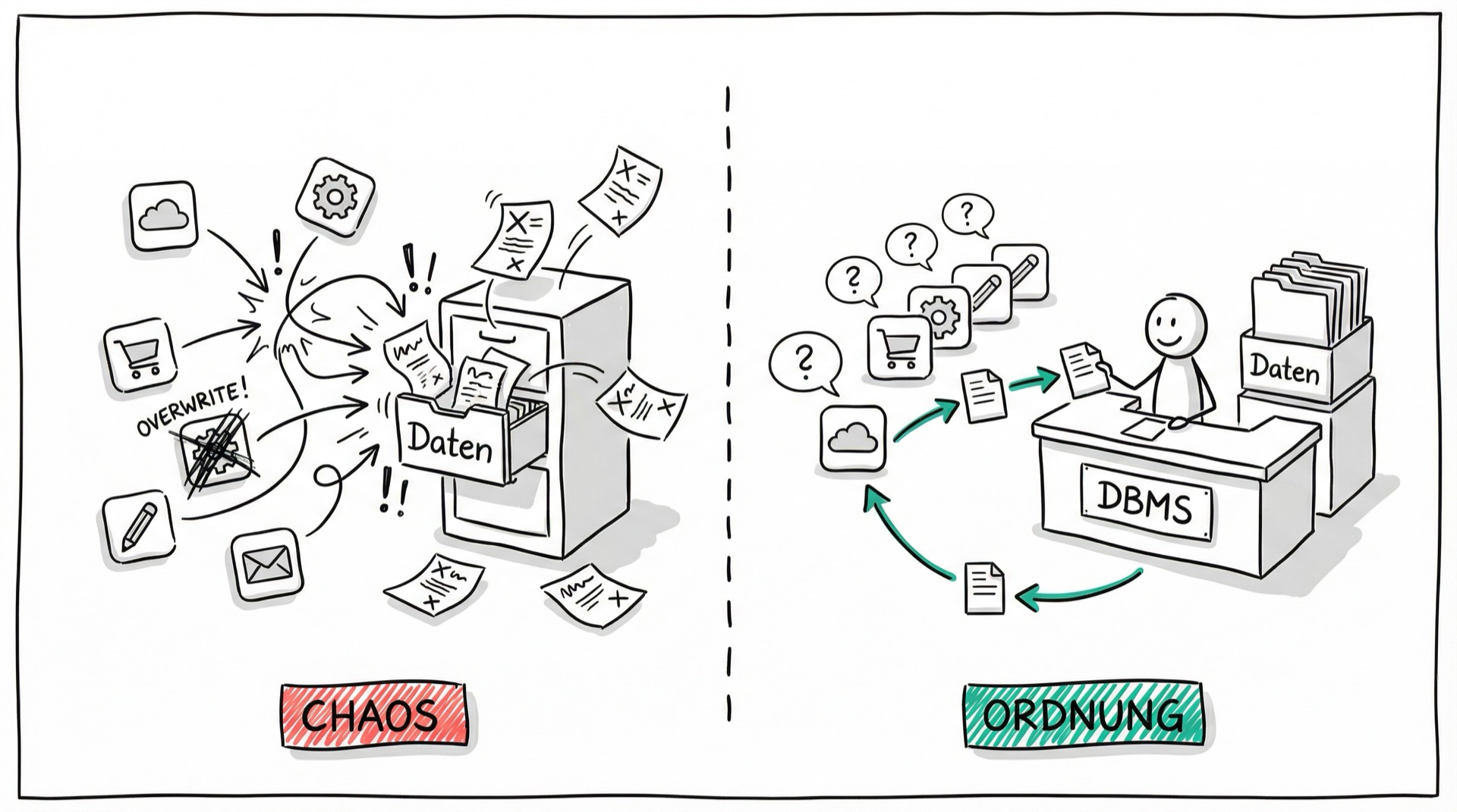 Rezeption-Metapher: Ohne DBMS herrscht Chaos beim Datenzugriff, mit DBMS koordiniert ein zentraler Vermittler