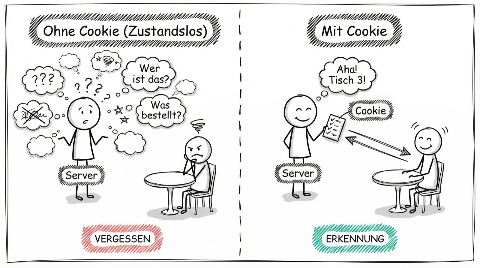 Kellner ohne und mit Notizzettel als Metapher für HTTP Zustandslosigkeit und Cookies