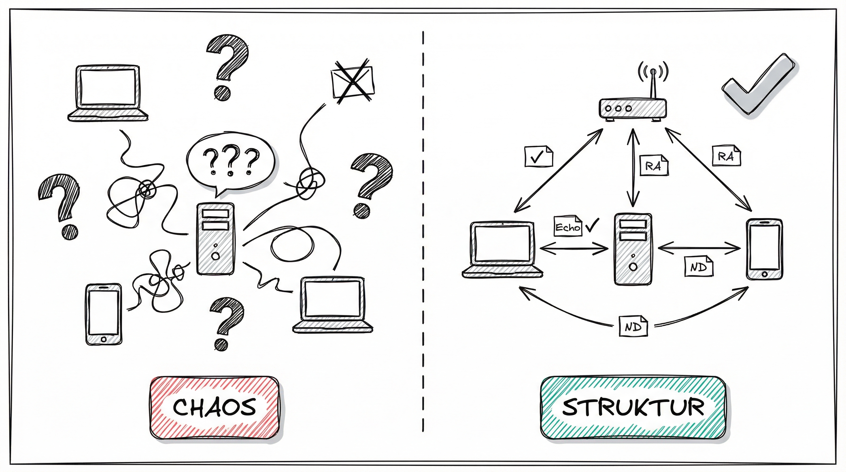 IPv6 Netzwerk-Chaos ohne ICMPv6 vs. geordnete Kommunikation mit ICMPv6