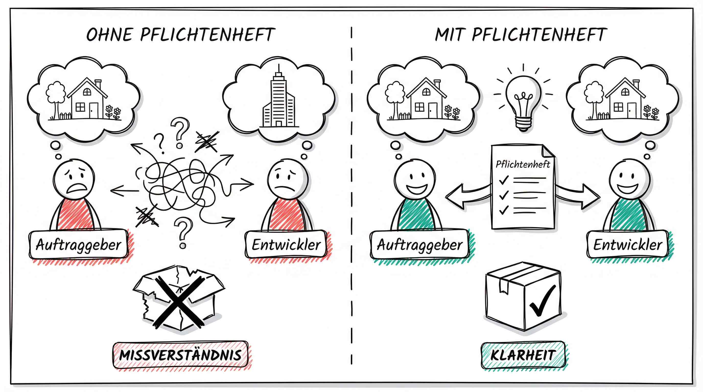 Vorher-Nachher-Vergleich: Ohne Pflichtenheft unterschiedliche Vorstellungen, mit Pflichtenheft gemeinsames Verständnis