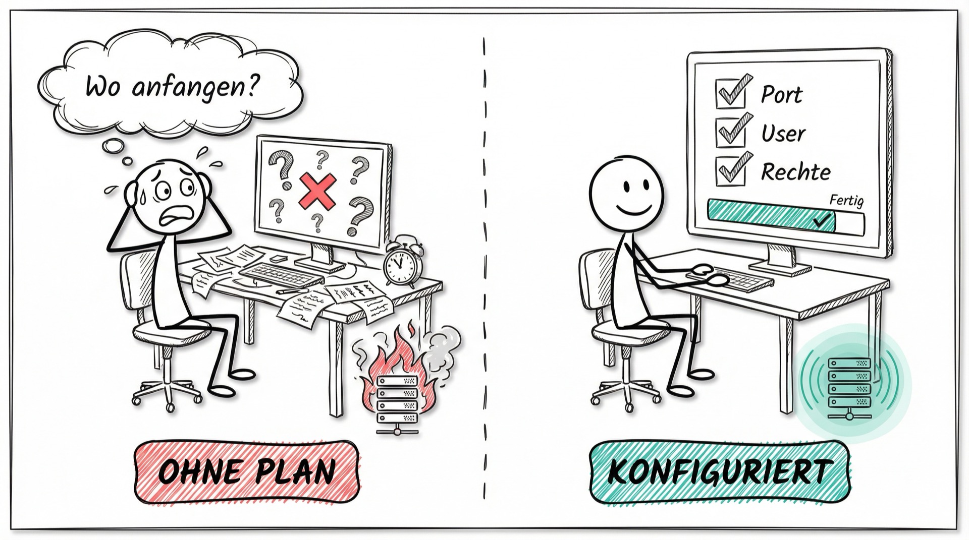 Ohne Plan vs. Konfiguriert - Vergleich chaotischer Installation mit strukturiertem Setup-Wizard