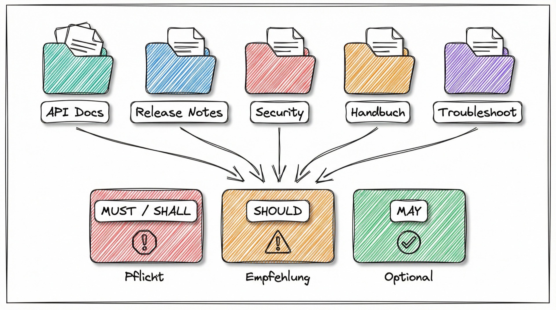 Fünf IT-Dokumentationstypen (API Docs, Release Notes, Security, Handbuch, Troubleshooting) und RFC 2119 Signalwörter (MUST, SHOULD, MAY)