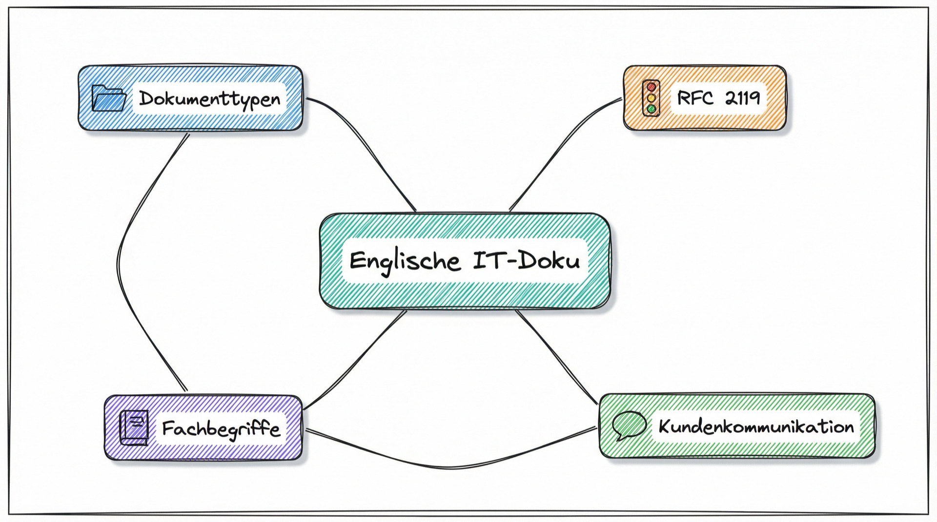 Mind-Map der Lesson: Englische IT-Doku im Zentrum, verbunden mit Dokumenttypen, RFC 2119, Fachbegriffe und Kundenkommunikation