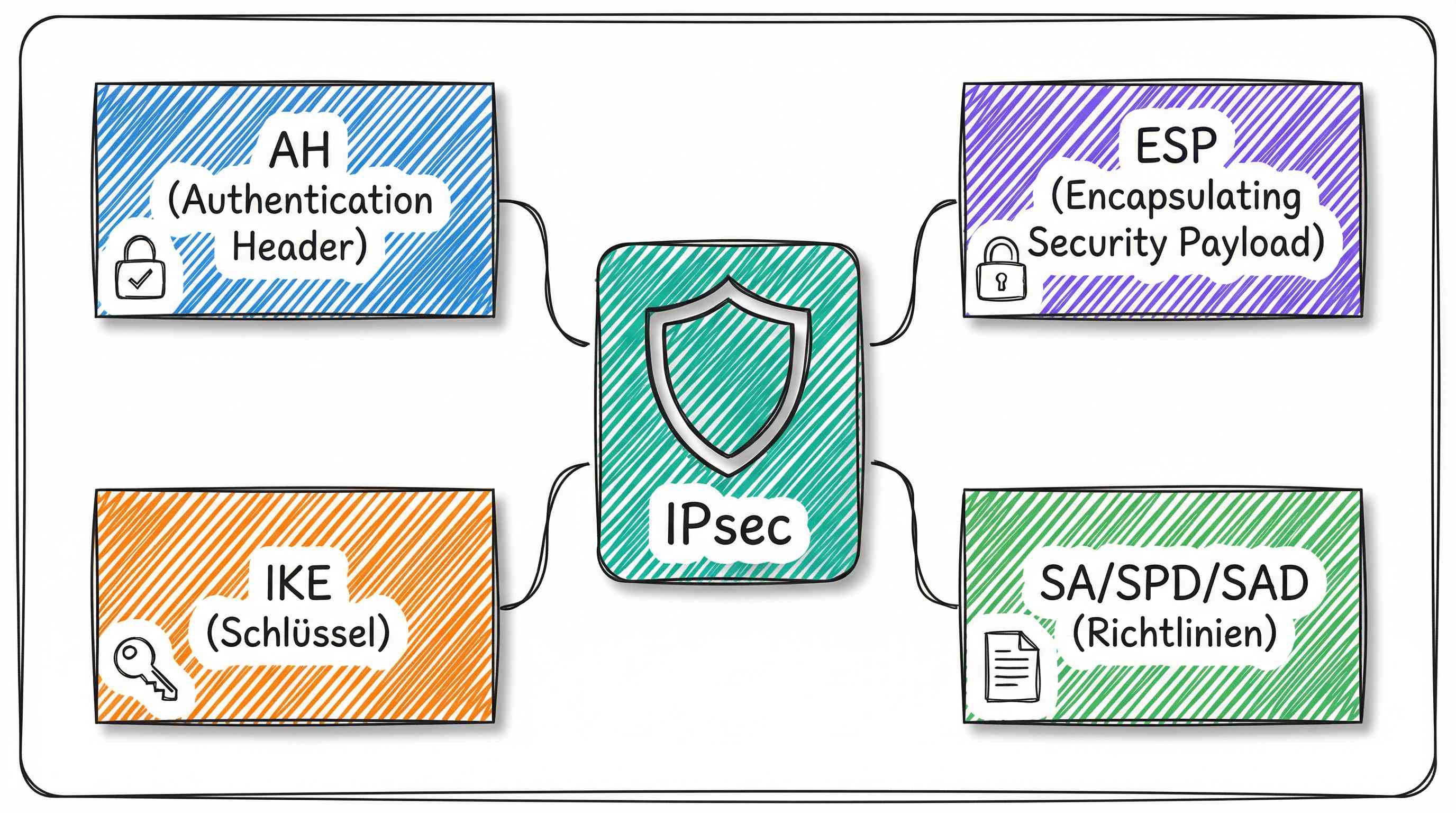 IPsec Architektur Übersicht mit AH, ESP, IKE und Sicherheitsrichtlinien