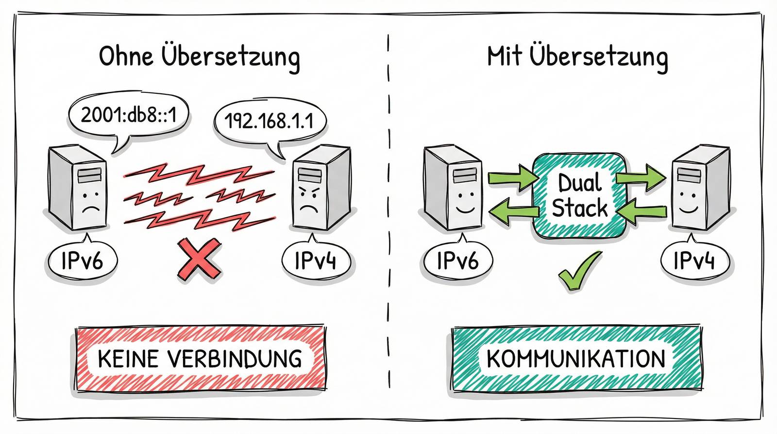 IPv6 und IPv4 Kommunikationsproblem vs. Lösung durch Übertragungsmechanismen