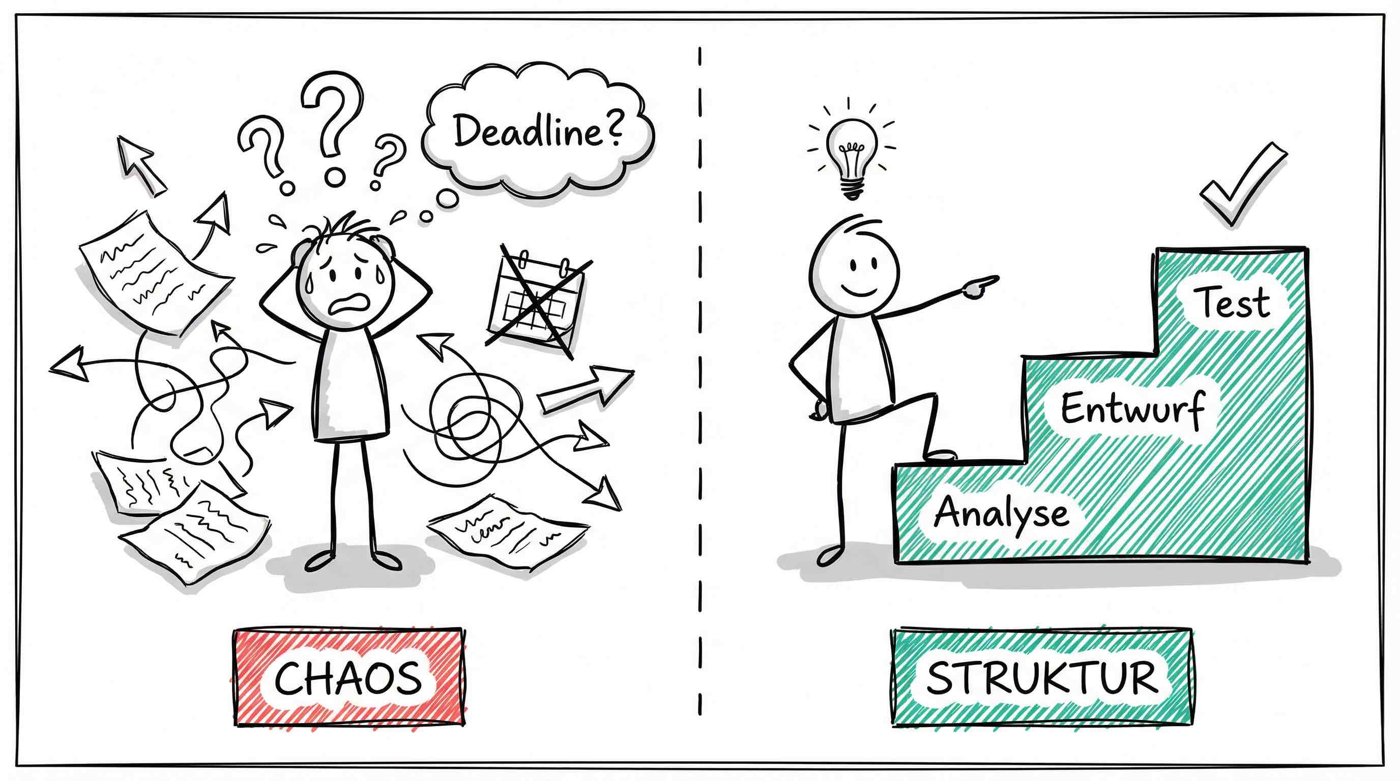 Chaos ohne Vorgehensmodell vs. Struktur mit Vorgehensmodell