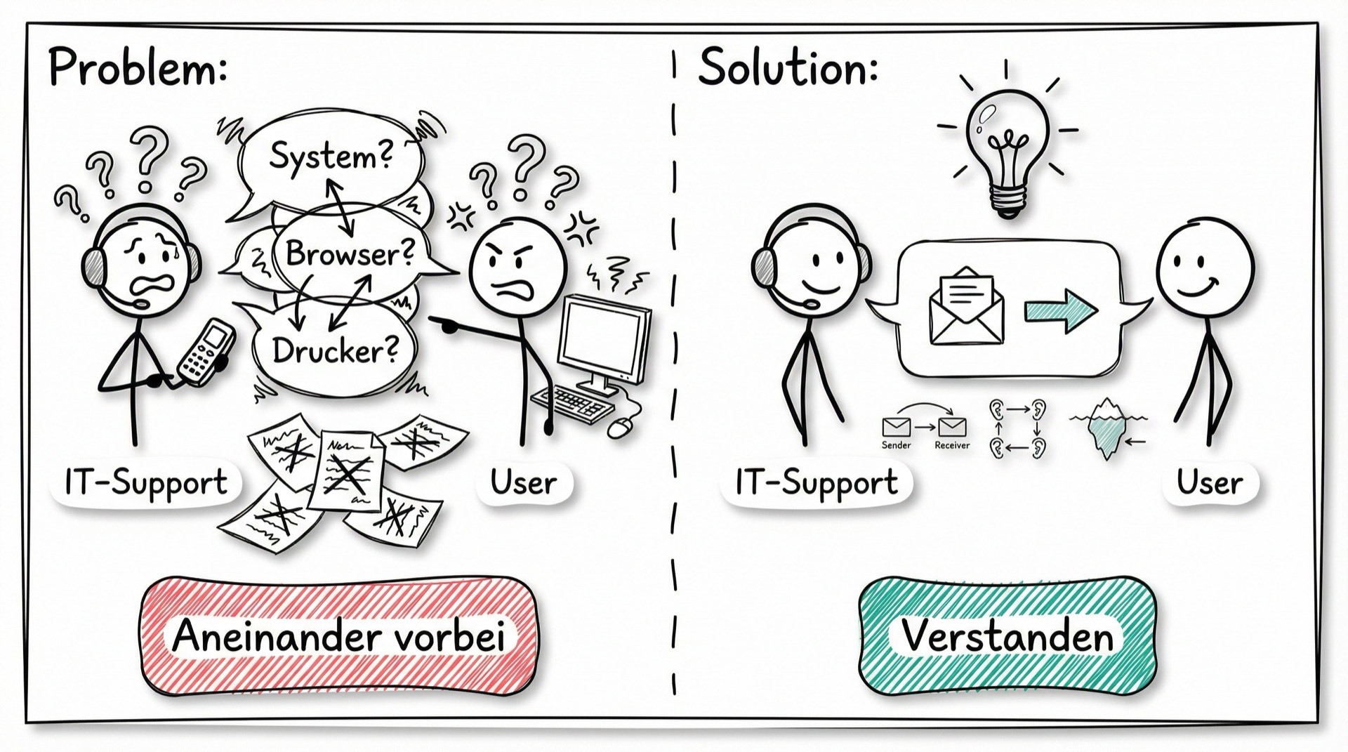 IT-Support und User reden aneinander vorbei vs. verstehen sich durch Kommunikationsmodelle