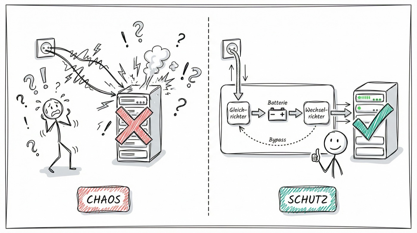 Chaos ohne USV vs. geschützte Stromversorgung mit USV-Komponenten