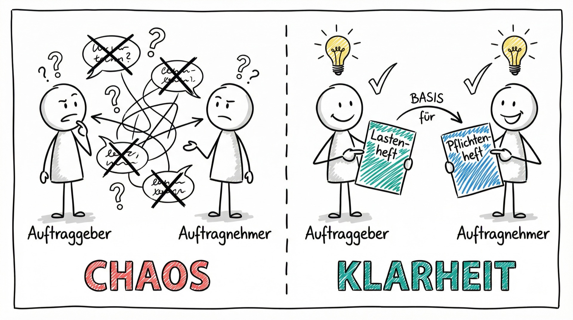 Chaos ohne Dokumentation vs. Klarheit mit Lastenheft und Pflichtenheft