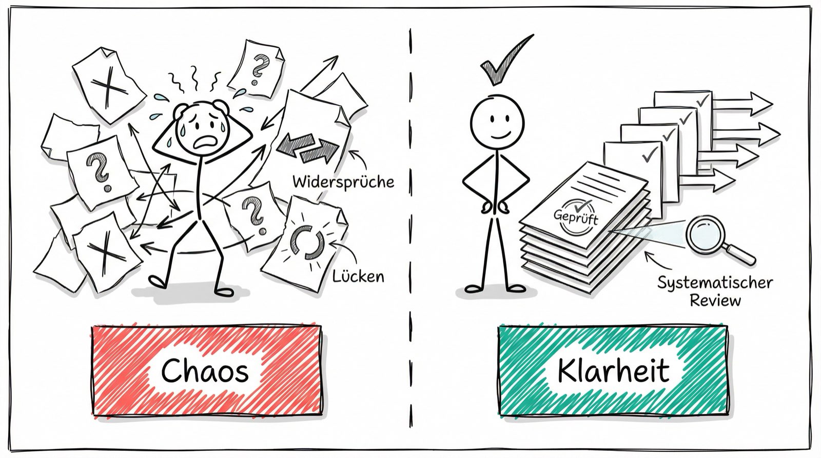 Ohne systematische Qualitätssicherung: Chaos durch fehlende und widersprüchliche Anforderungen. Mit systematischem Review: Klarheit durch geprüfte Dokumente.