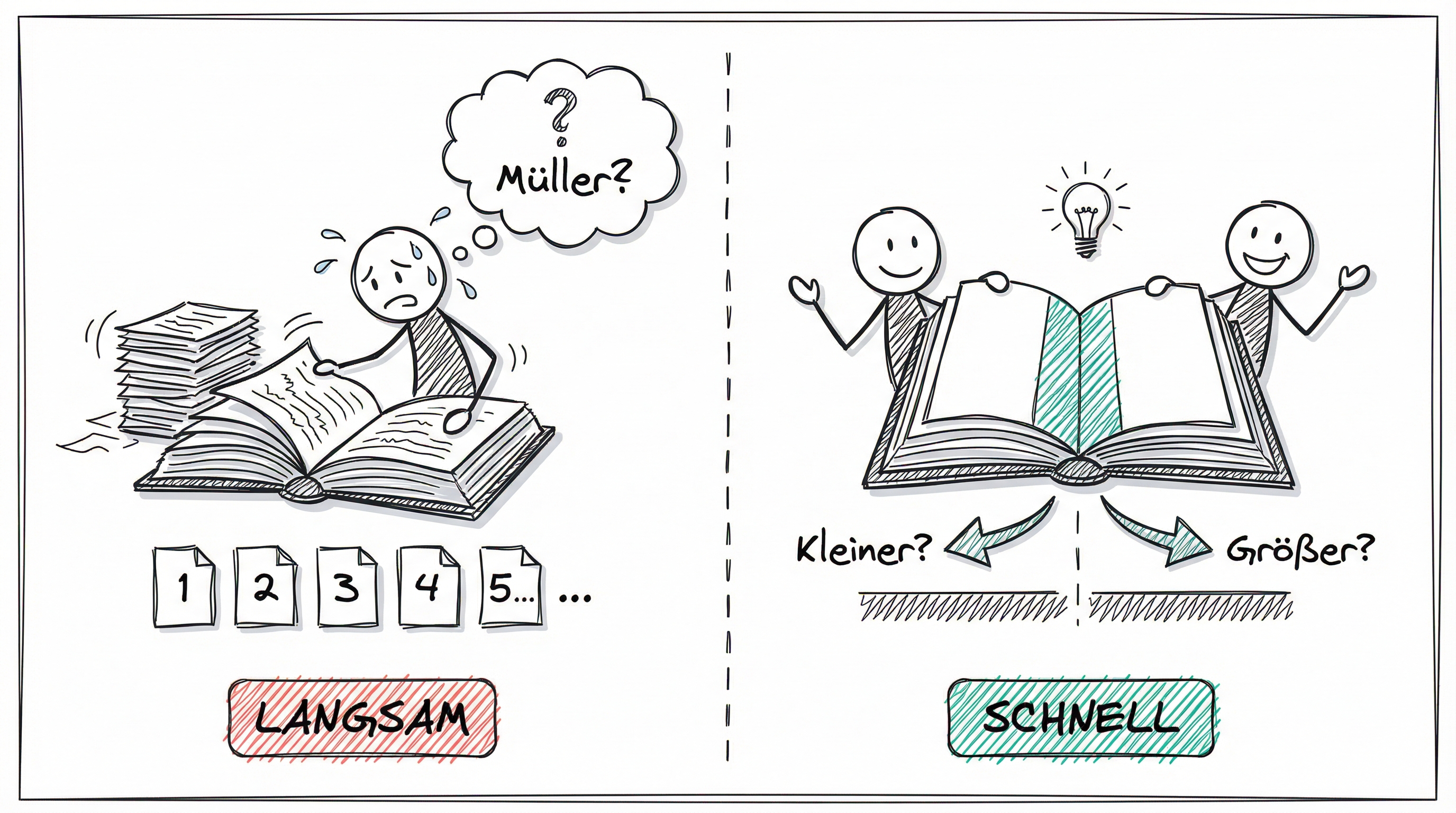 Lineare vs. binäre Suche: Telefonbuch-Metapher