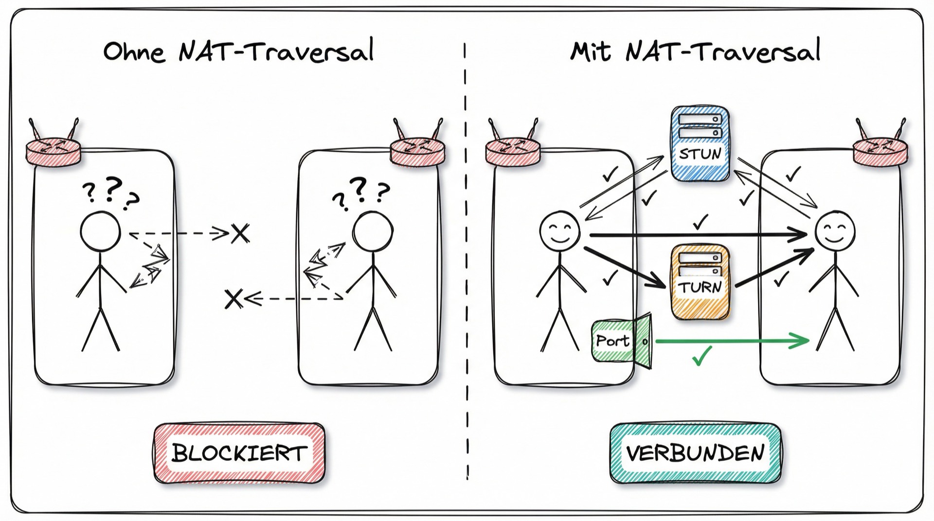 NAT-Traversal: Blockierte vs. erfolgreiche Verbindung