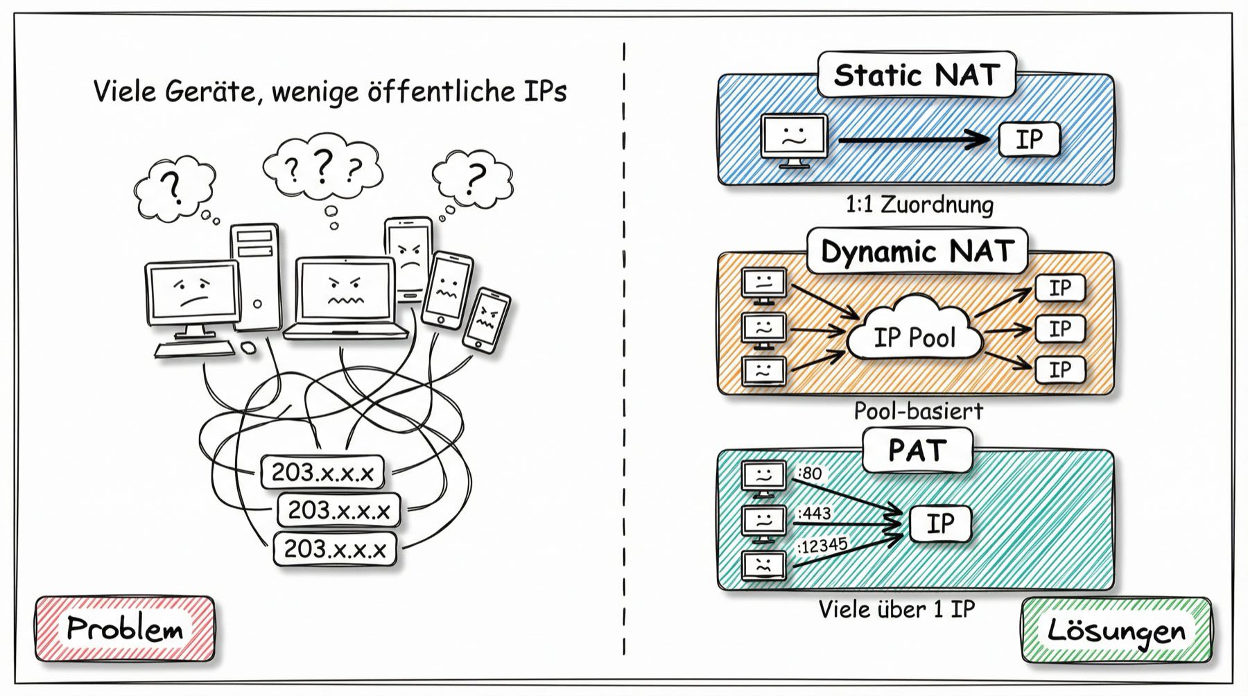 NAT-Varianten im Überblick: Problem ohne NAT vs. die drei Lösungen Static NAT, Dynamic NAT und PAT