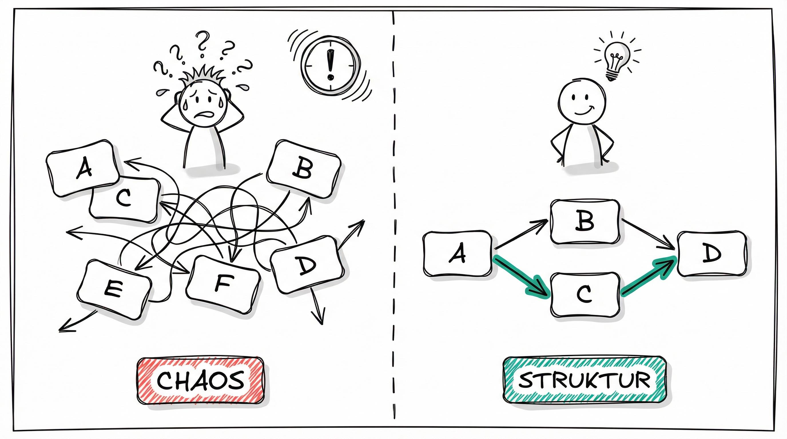 Chaos vs. Struktur: Ohne Netzplan herrscht Verwirrung, mit Netzplan sind Abhängigkeiten klar