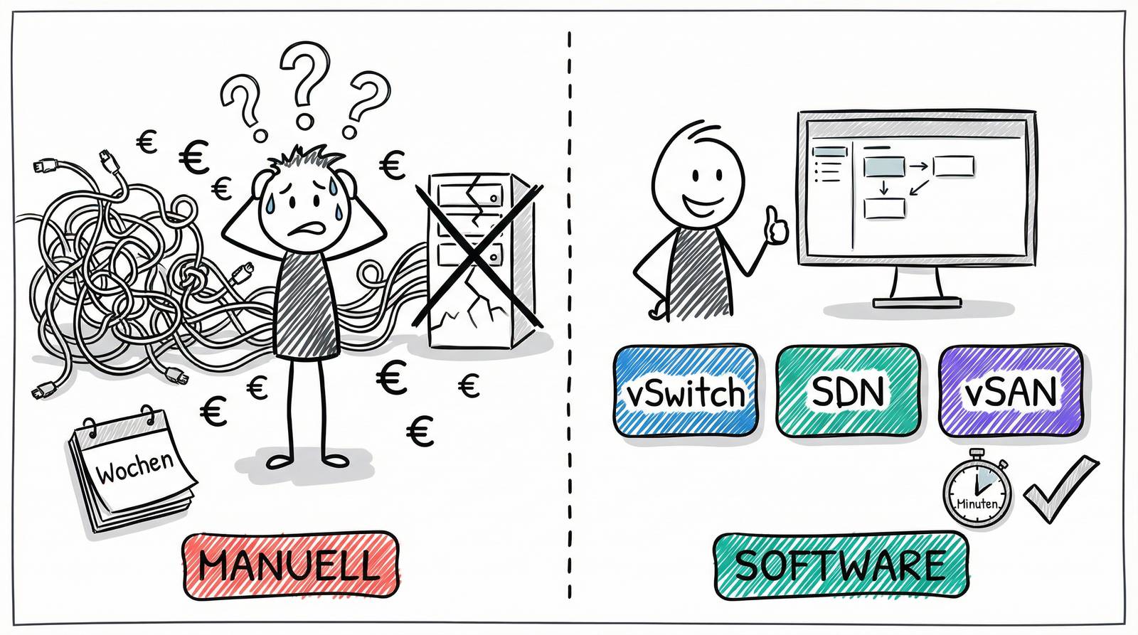 Manuell vs. Software: Vorher-Nachher-Vergleich bei Netzwerk- und Speichervirtualisierung