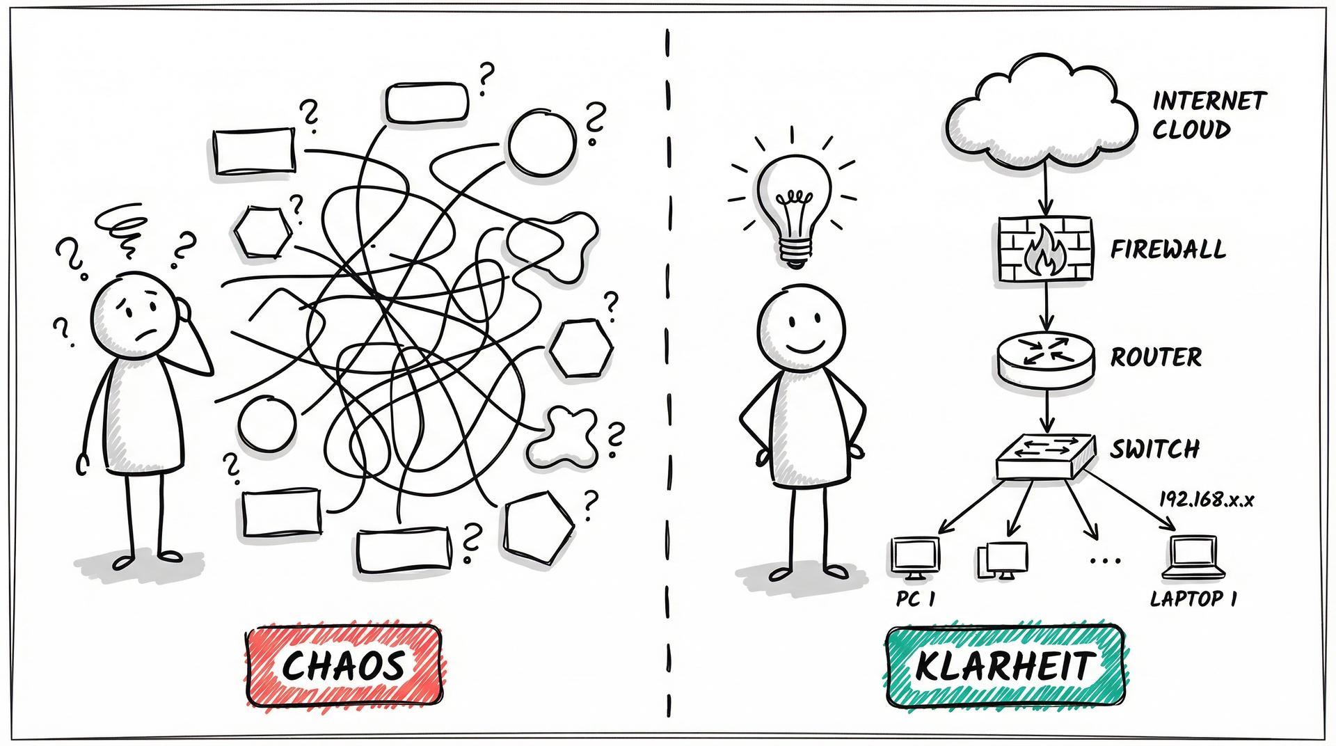 Chaos ohne Dokumentation vs. Klarheit mit Netzwerkplan