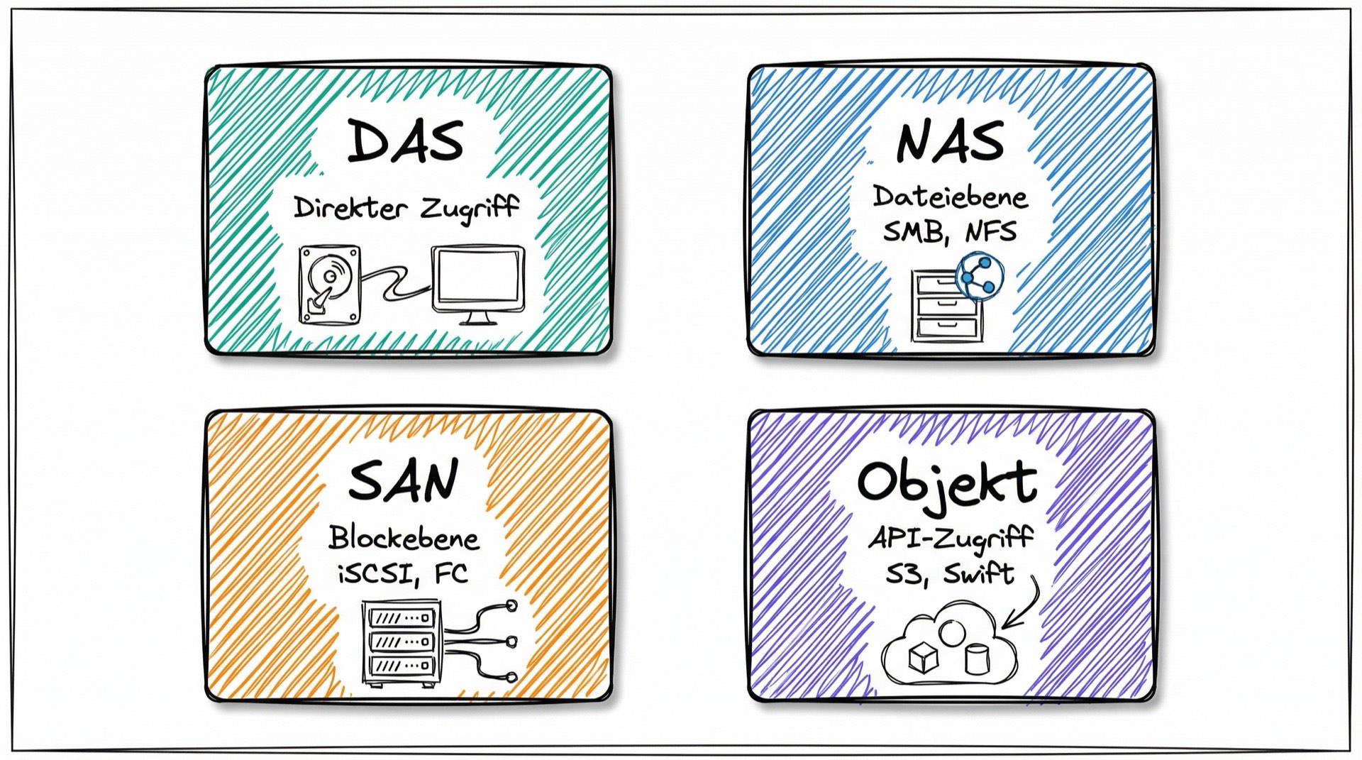 Die vier Speicherarchitekturen im Überblick: DAS, NAS, SAN und Objektspeicher