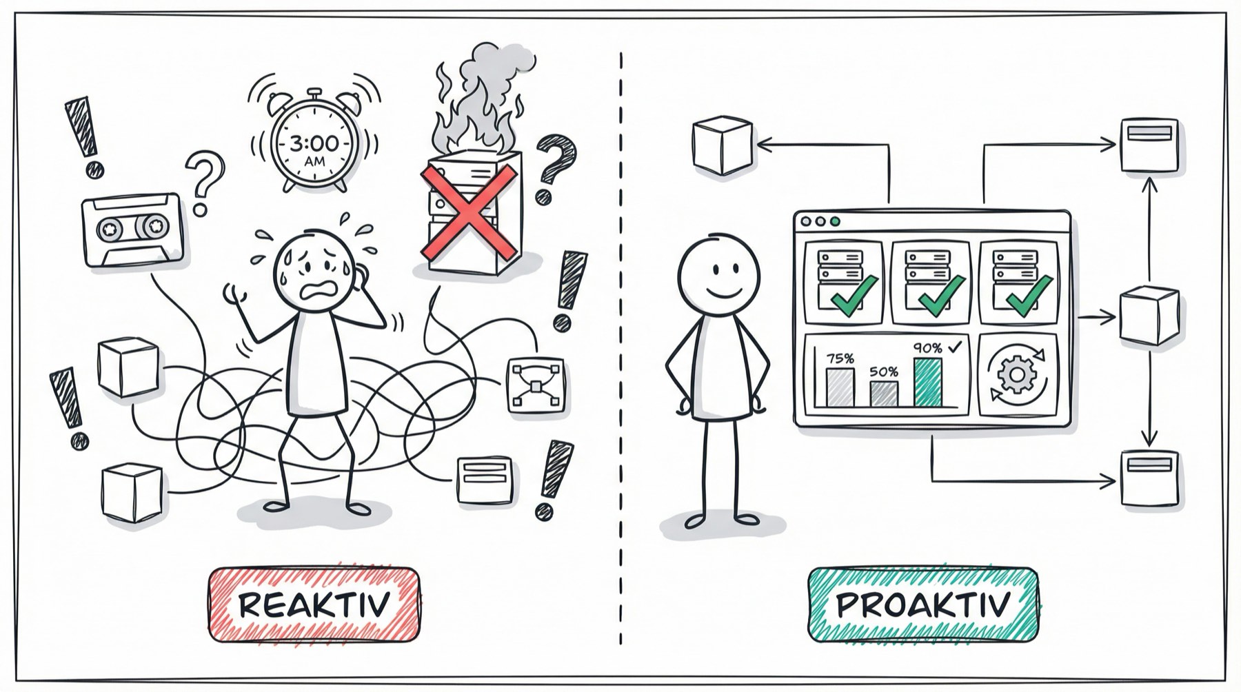 Reaktiv vs. Proaktiv: Kontrast zwischen chaotischem Krisenmanagement und proaktiver Dashboard-Überwachung