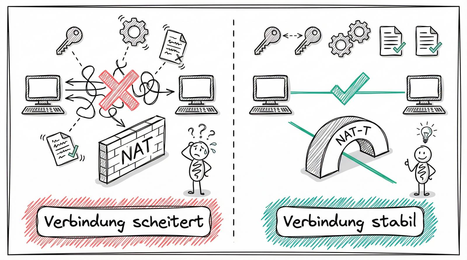 IPsec-Verbindungsprobleme: Links scheiternde Verbindung durch NAT und falsche Konfiguration, rechts stabile Verbindung mit NAT-Traversal