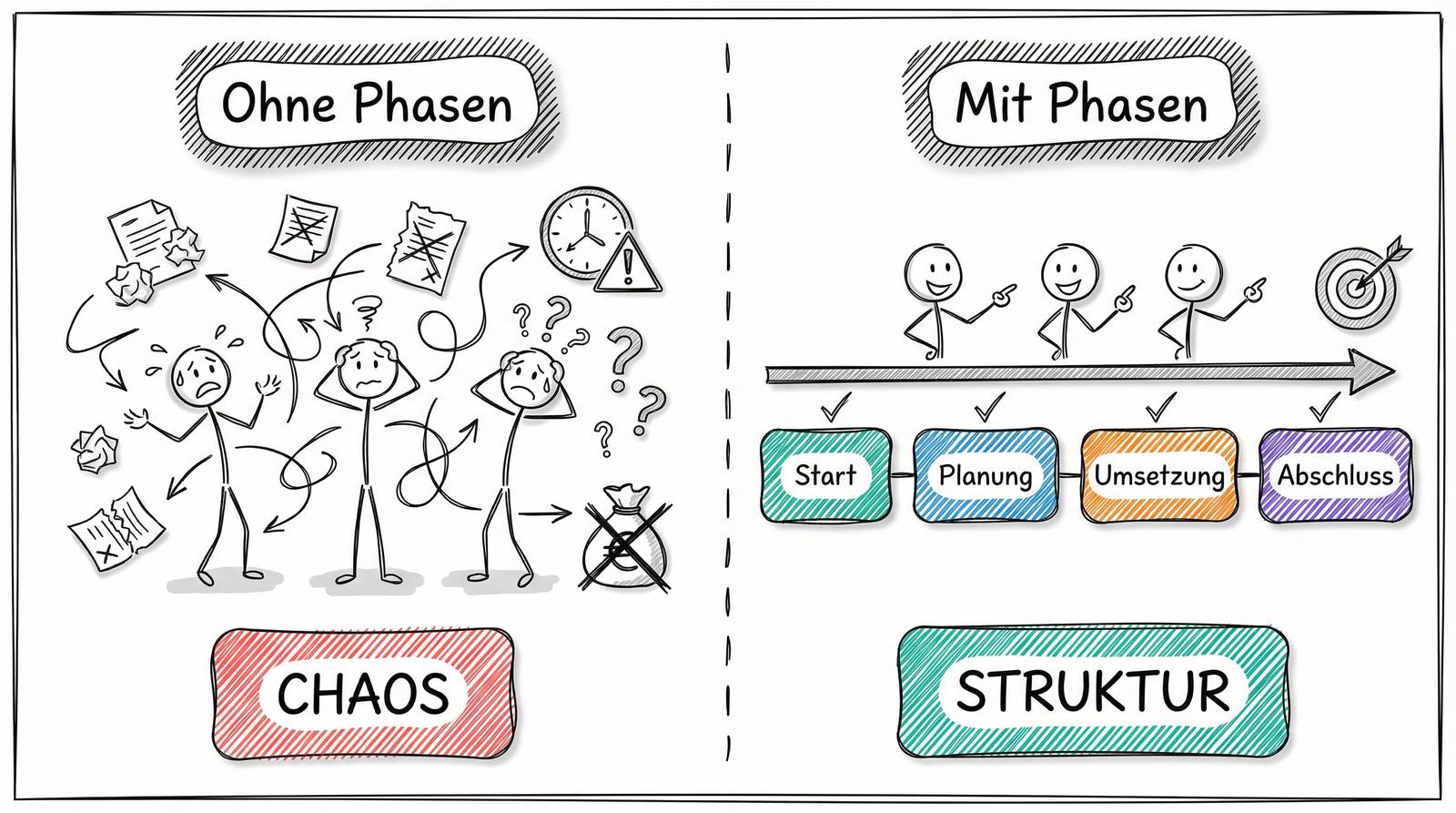 Projektphasen: Chaos ohne Struktur vs. klare Phaseneinteilung