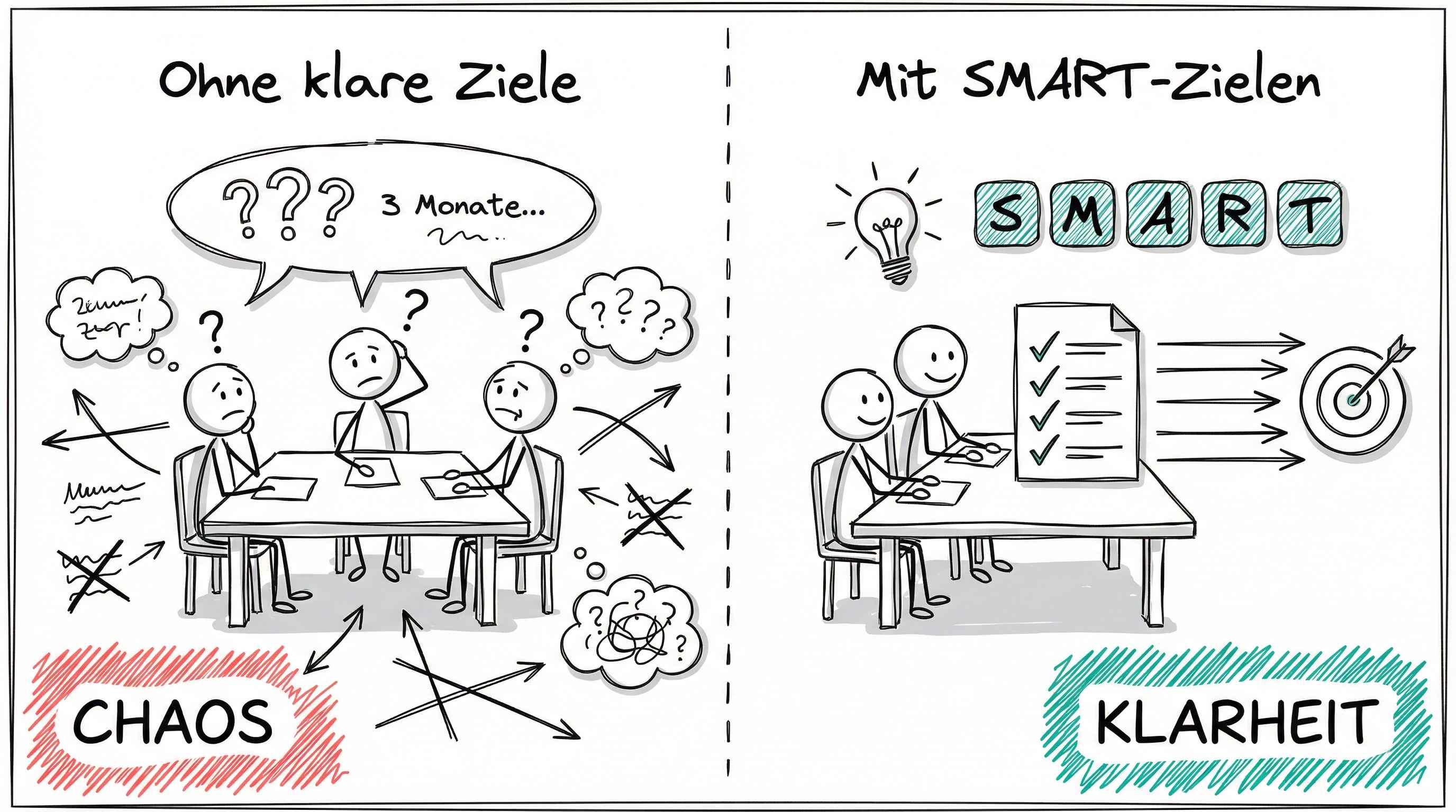 Chaos ohne klare Ziele vs. Klarheit mit SMART-Zielen