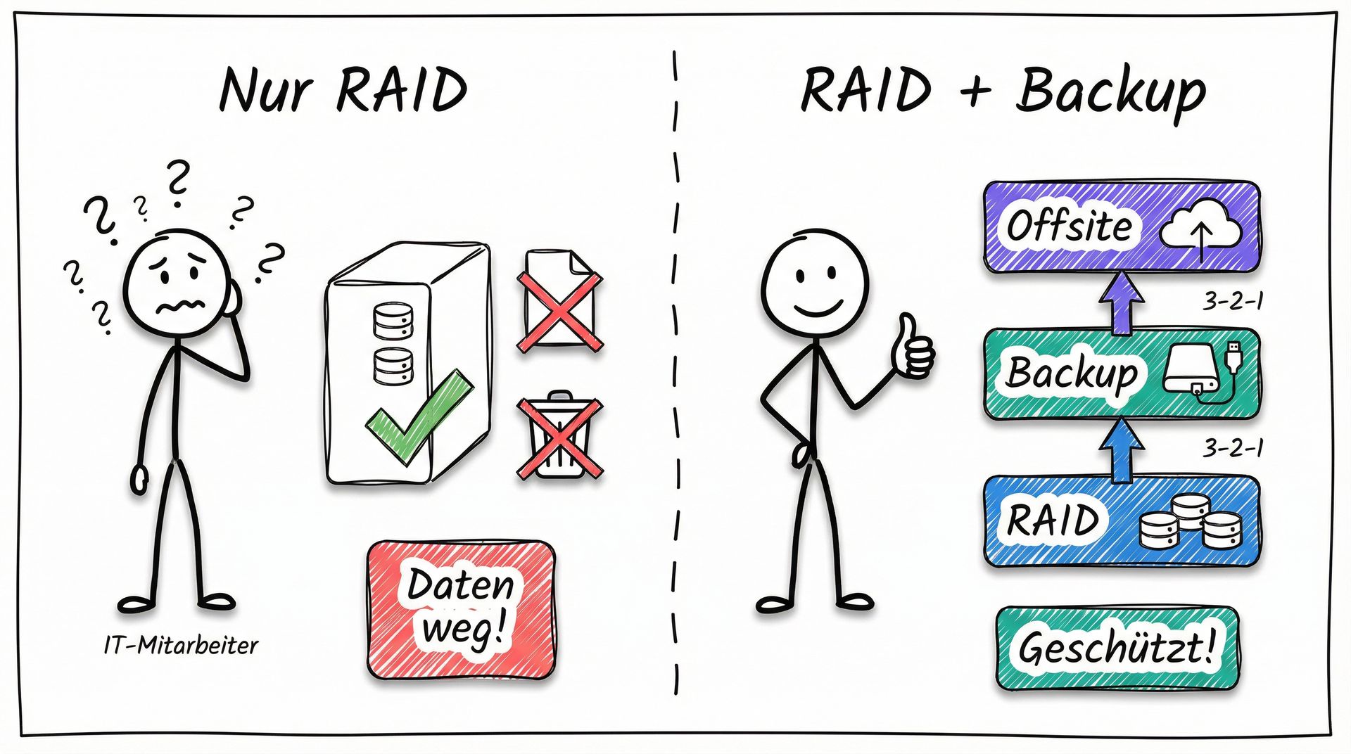 RAID ist kein Backup - Vergleich zwischen reinem RAID-Schutz und einer mehrschichtigen Backup-Strategie