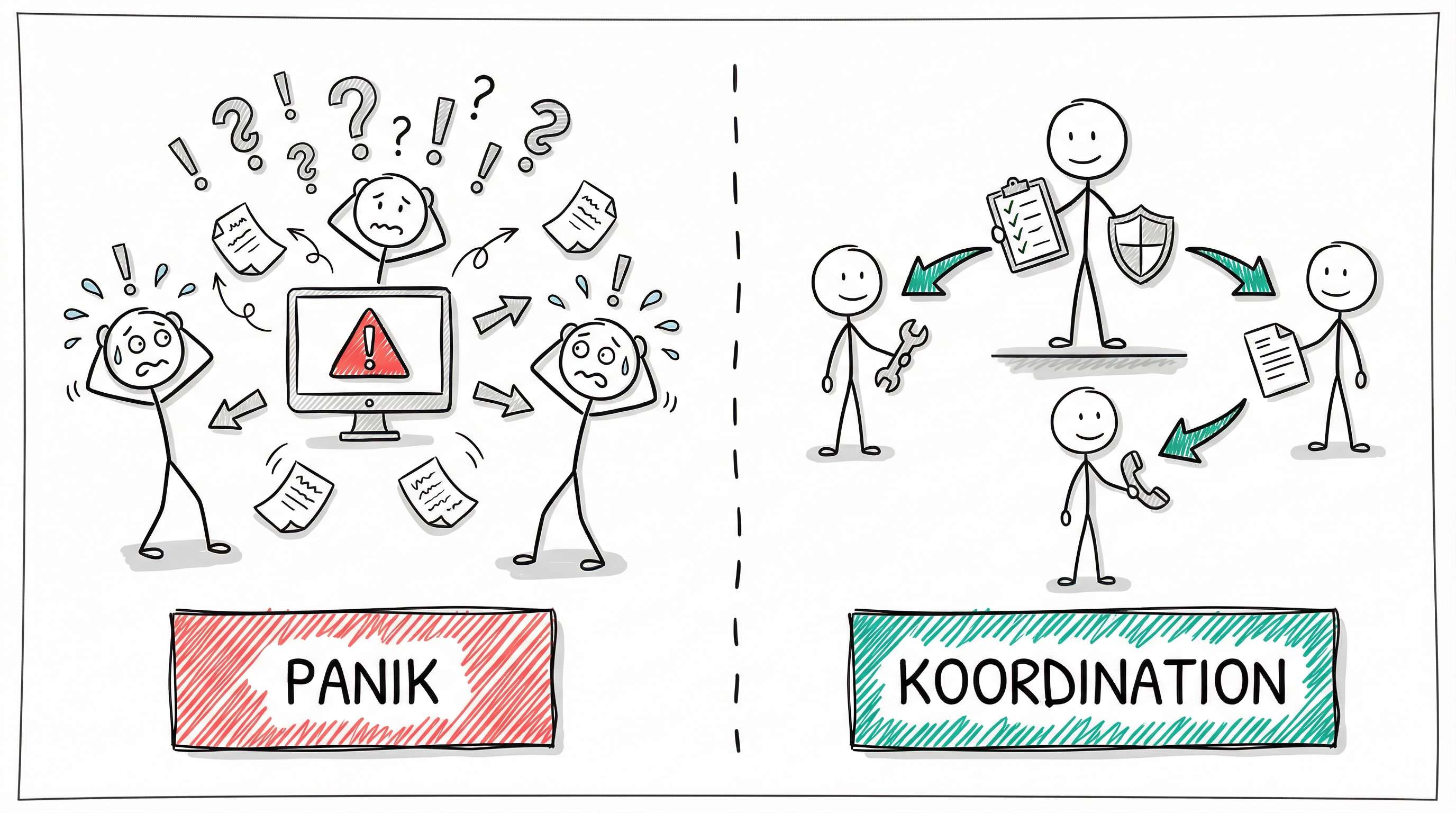 Panik vs. Koordination: Ohne IT-Sicherheitsbeauftragten herrscht Chaos, mit Koordinator gibt es klare Strukturen