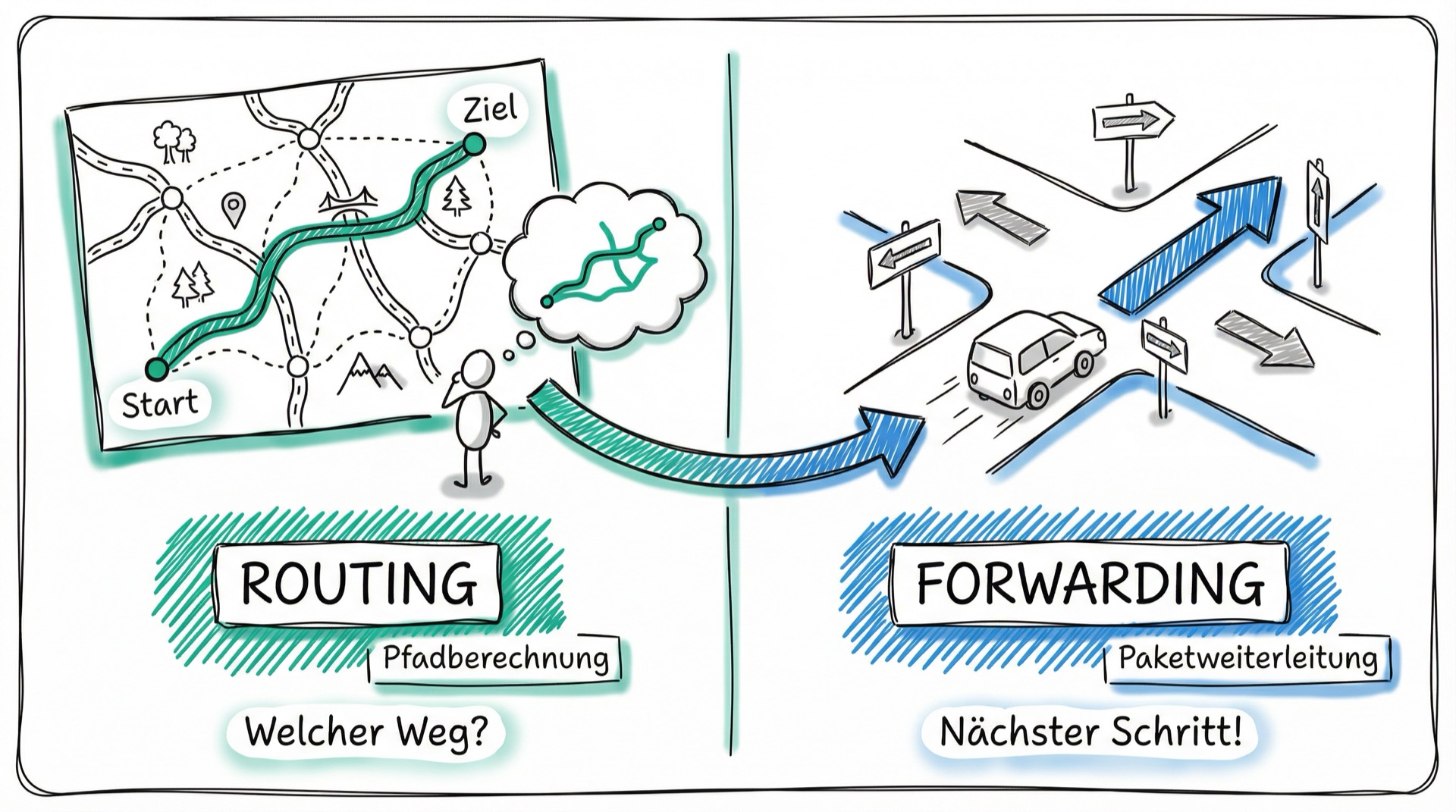 Routing vs. Forwarding: Karte planen vs. tatsächlich fahren