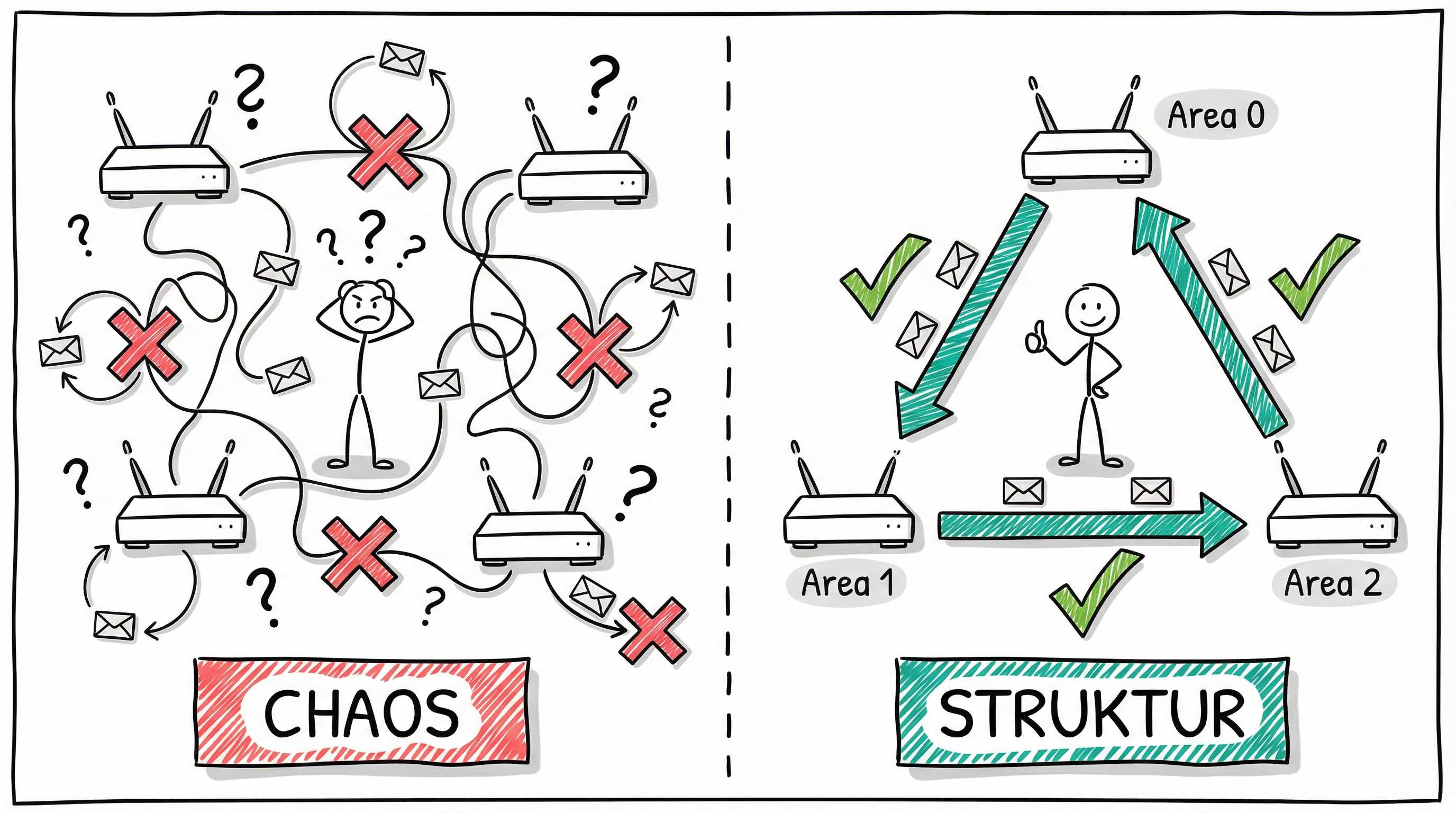 Netzwerk-Routing: Chaos ohne Plan vs. strukturierte OSPF-Areas