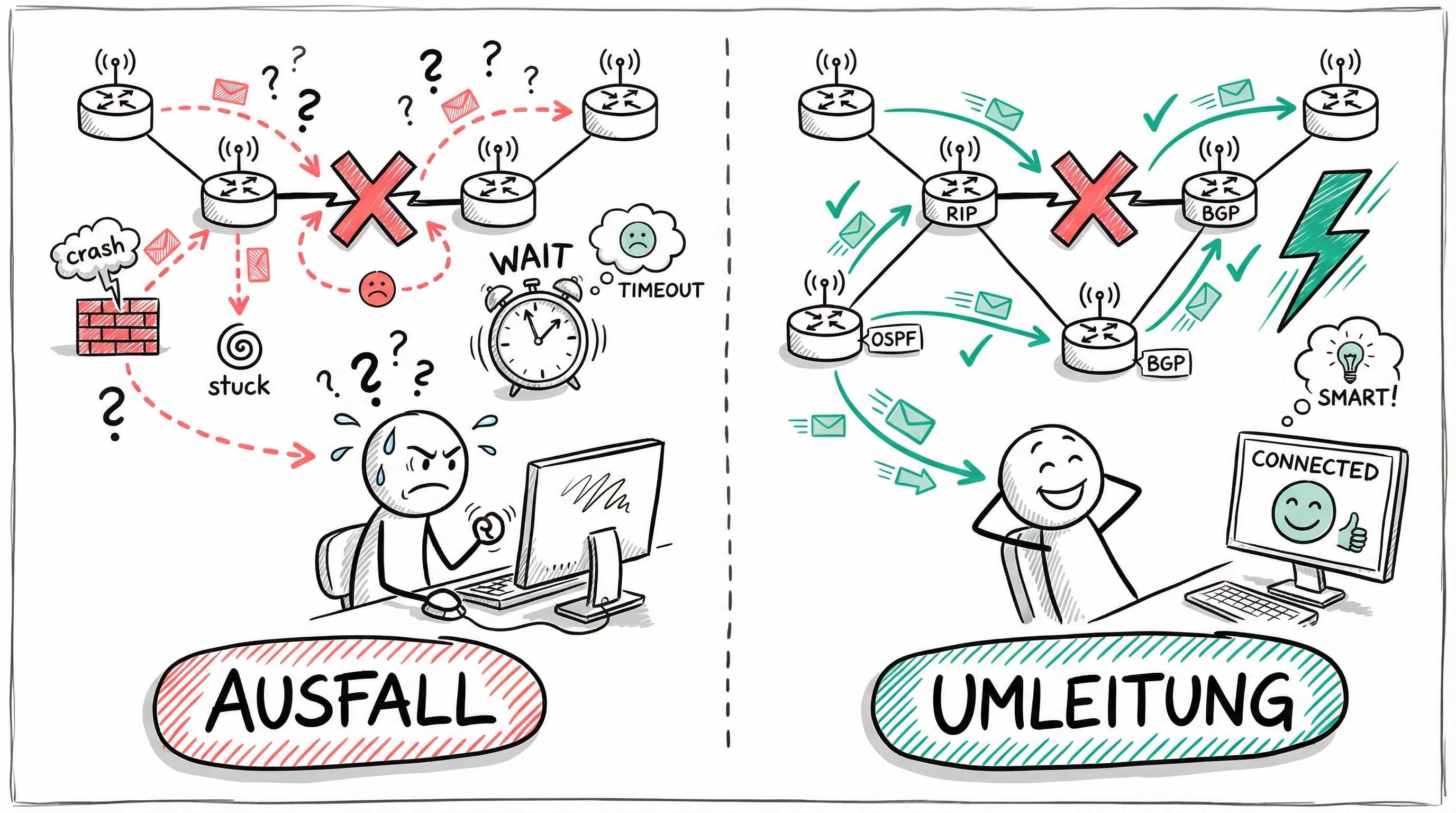 Netzwerk ohne intelligentes Routing vs. mit Routing-Protokollen: Ausfall und automatische Umleitung